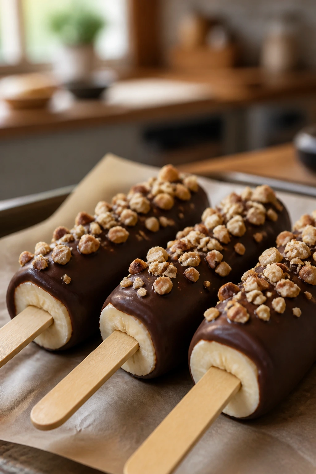 Three chocolate-dipped frozen bananas on sticks arranged on parchment-lined tray in warm kitchen