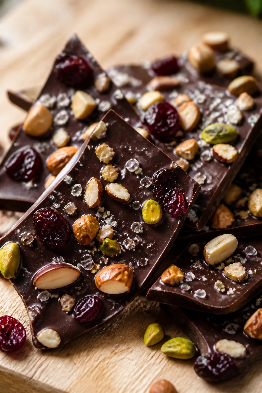 Shards of salted chocolate bark with nuts and dried fruit