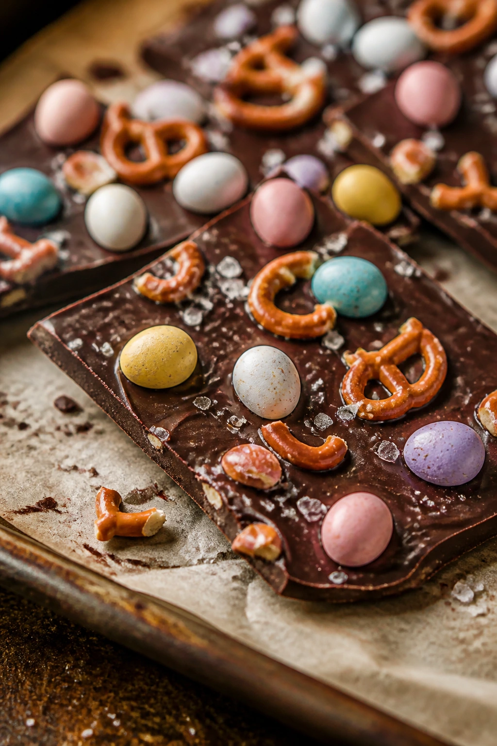 Jagged chocolate bark with pretzels and candy eggs on parchment