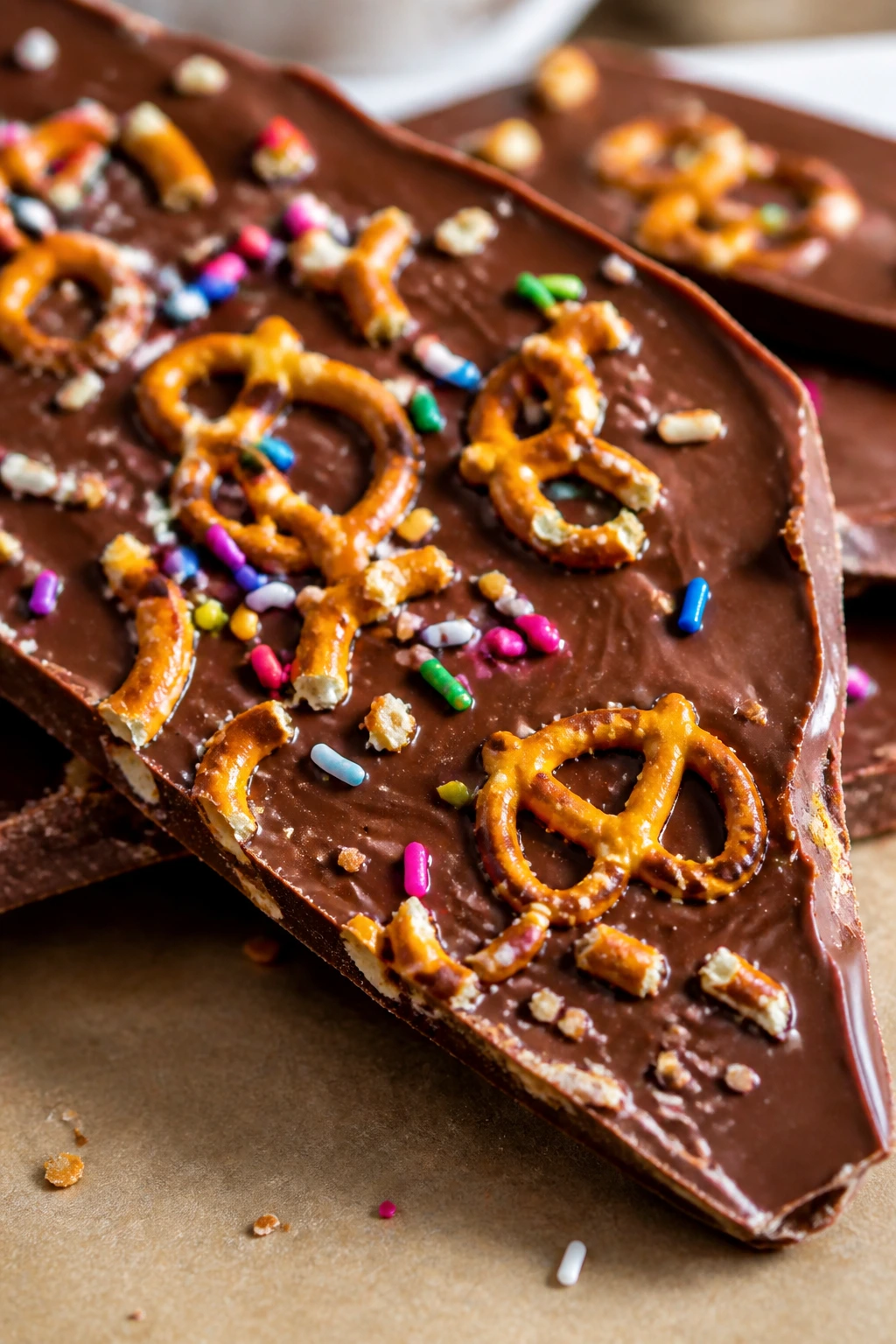 Close-up of chocolate bark shards with pretzels and sprinkles