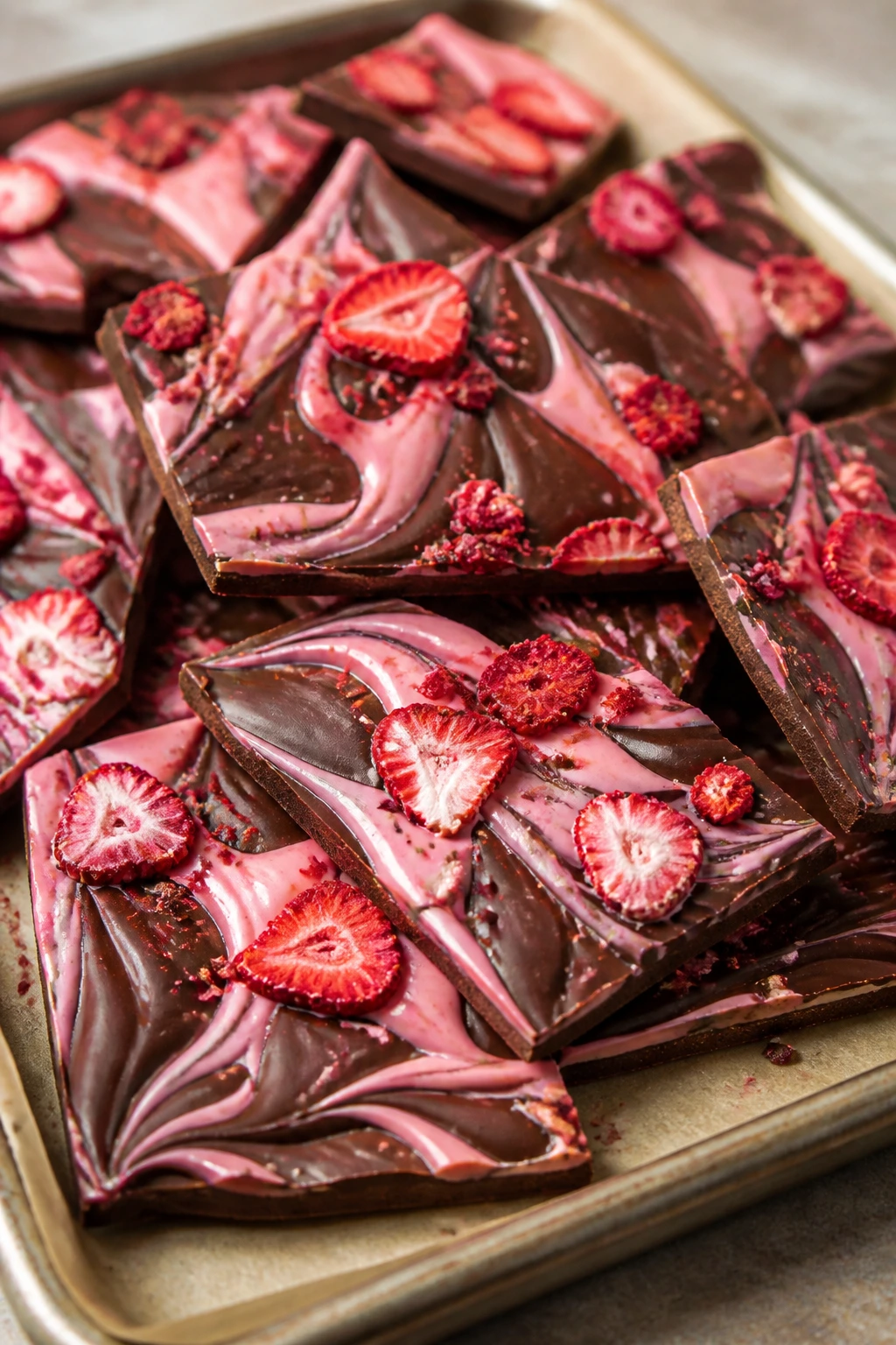 Close-up of chocolate-covered strawberry bark pieces on parchment