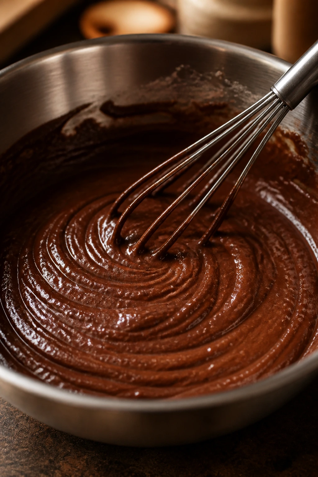 Glossy chocolate batter in a mixing bowl with whisk