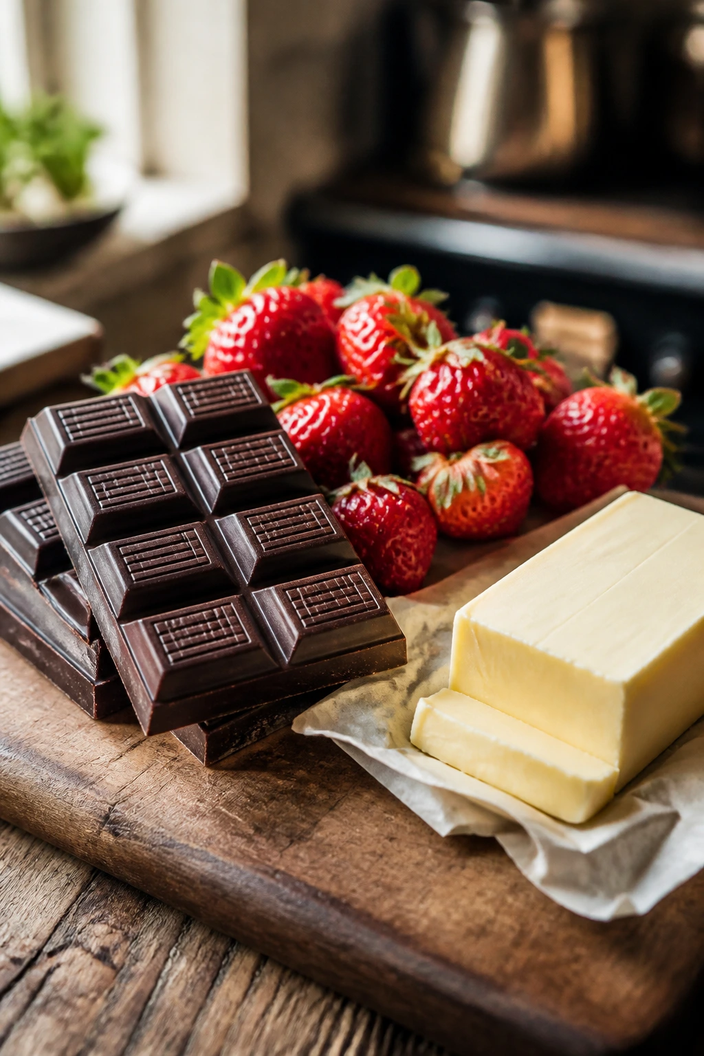 Close-up of chocolate, berries, and butter for smart baking shopping