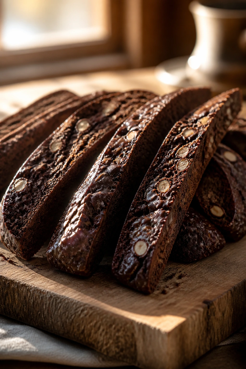 Row of chocolate biscotti on a wooden board in a sunlit kitchen.