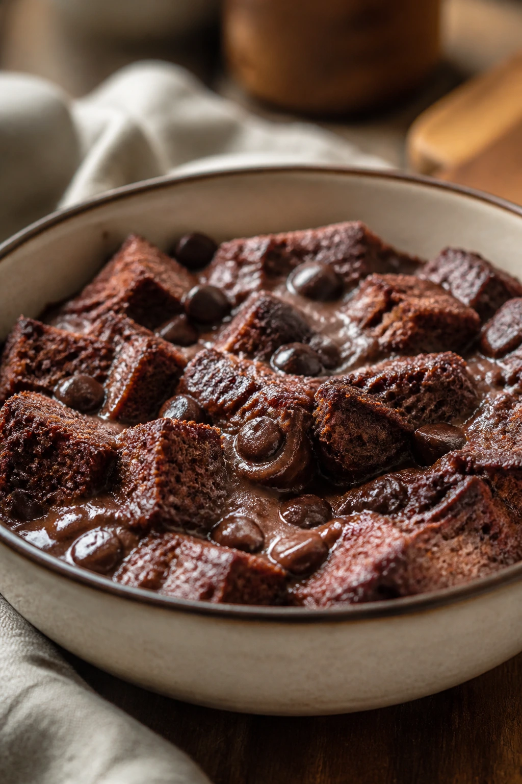 Close-up of chocolate bread pudding in a bowl.