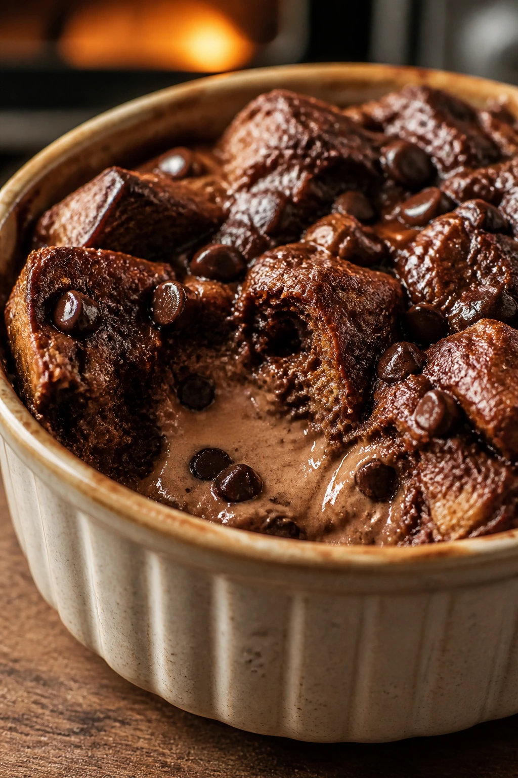 Close-up of chocolate bread pudding in a rustic ramekin