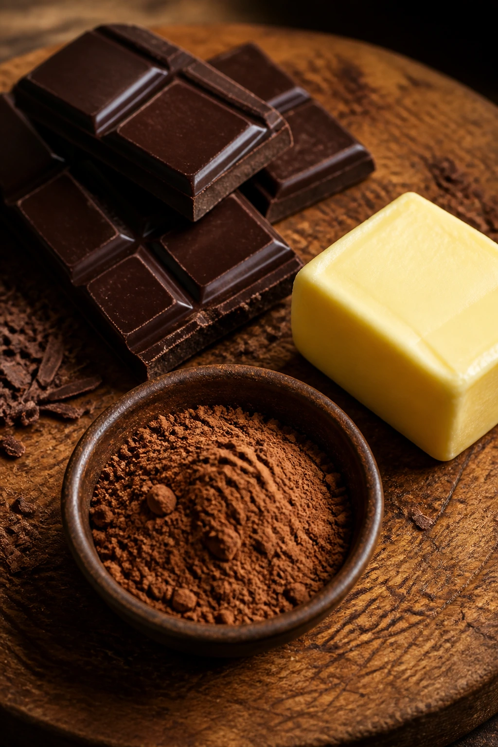 Dark chocolate, butter, and cocoa powder on wooden surface