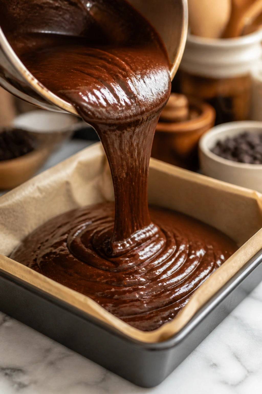 Close-up of chocolate cake batter being poured into a lined pan for baking