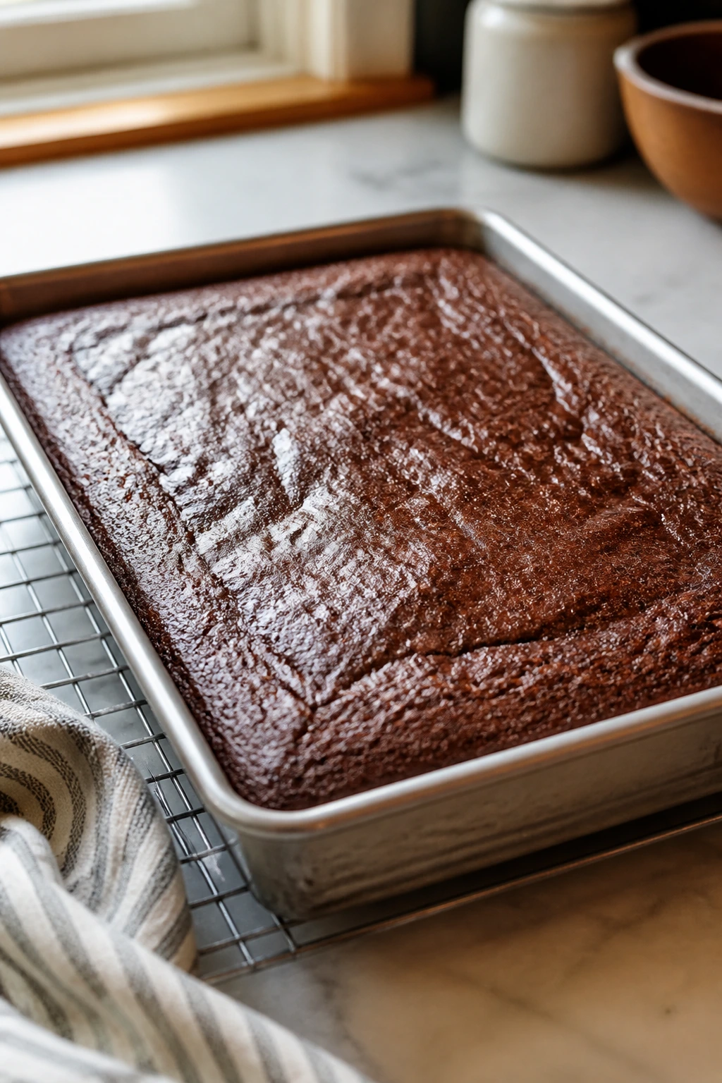 Close-up of a fudgy chocolate cake cooling in a greased pan on a wire rack in a sunny kitchen