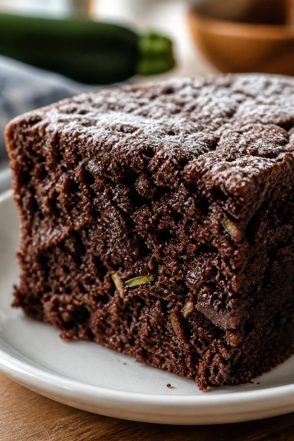 Close-up of chocolate zucchini snack cake slice with moist crumb on a plate