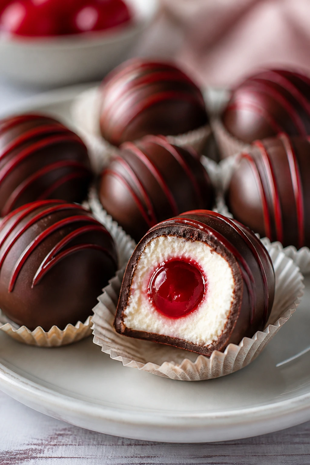 Close-up of chocolate-covered cherry cheesecake bites in paper cups