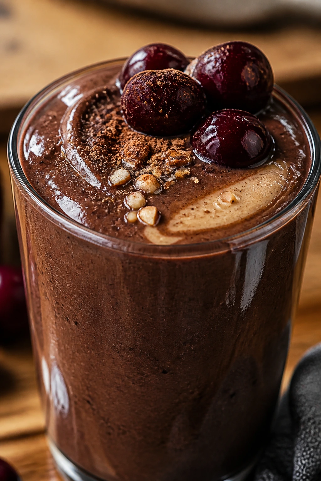 Close-up of Chocolate Cherry Almond Smoothie in a small glass