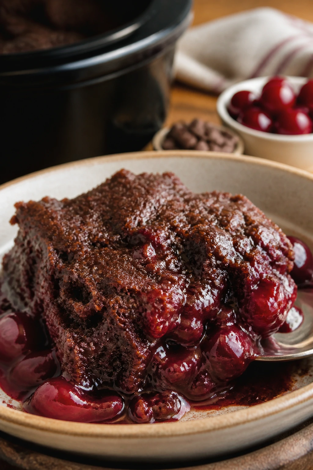 Close-up of Crockpot Chocolate Cherry Dump Cake slice with cherry filling on a plate in a cozy kitchen.