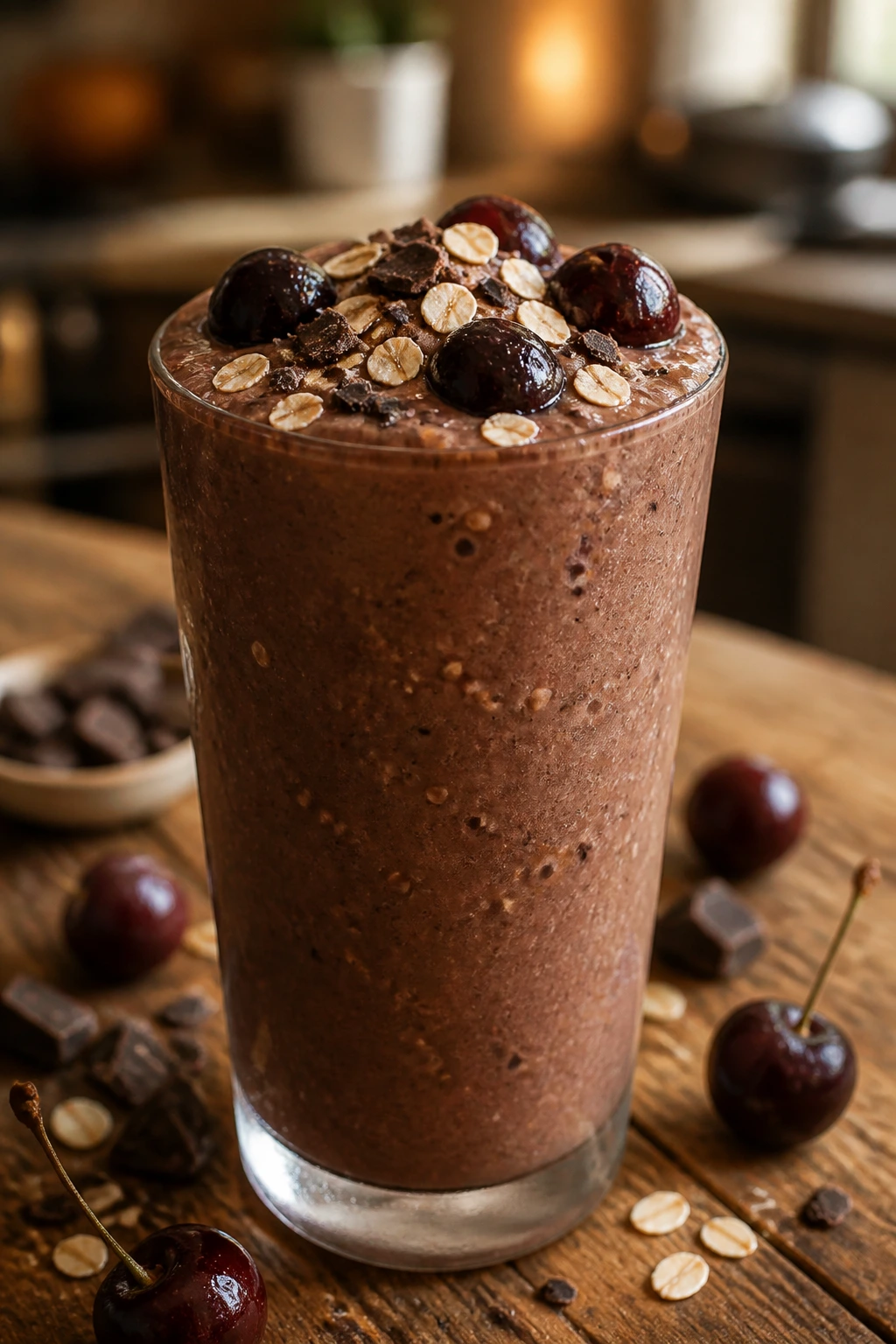 Close-up of Chocolate Cherry Oat Smoothie in a glass on a cozy kitchen counter