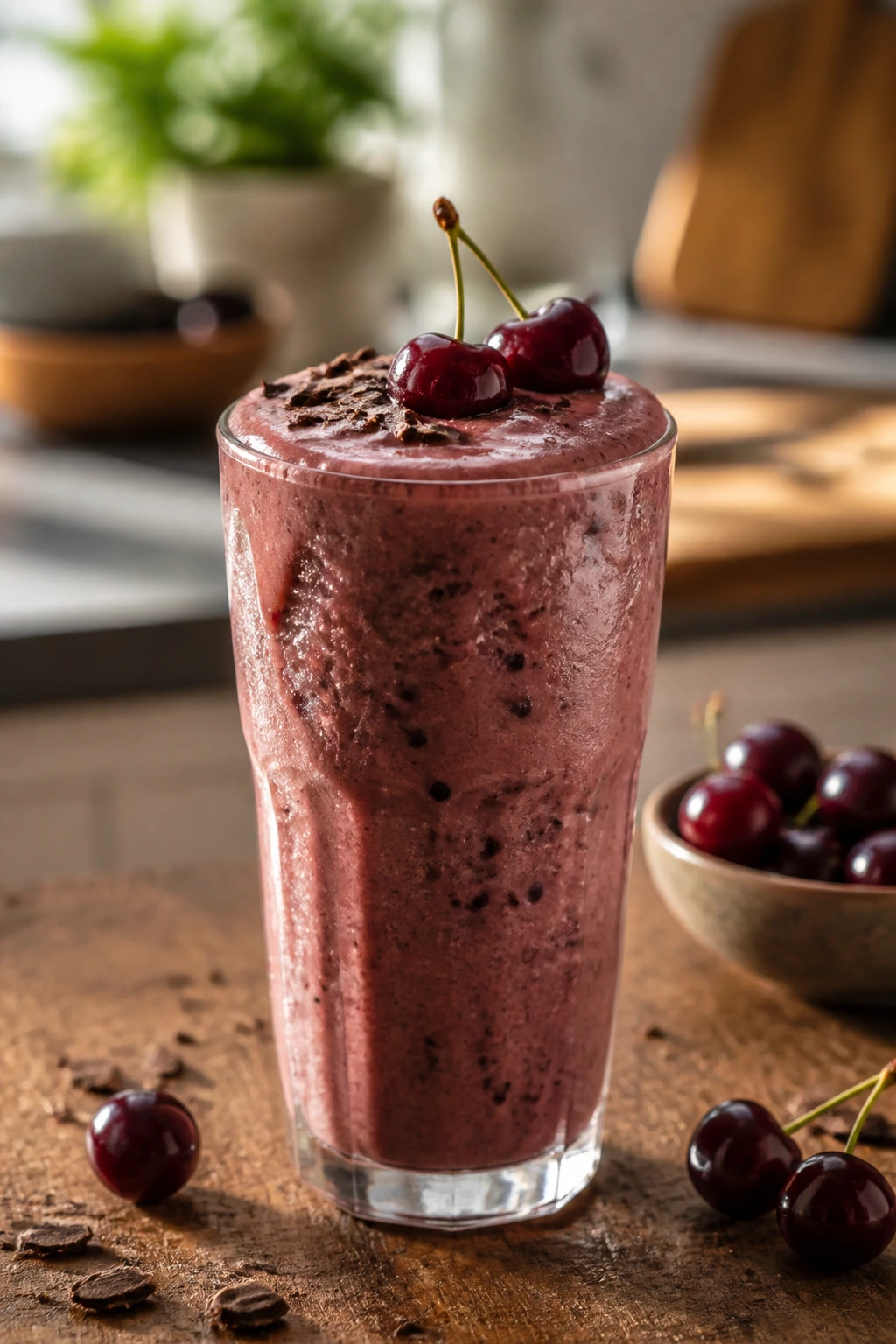 Close-up of chocolate cherry smoothie in glass on kitchen counter, rich chocolatey color