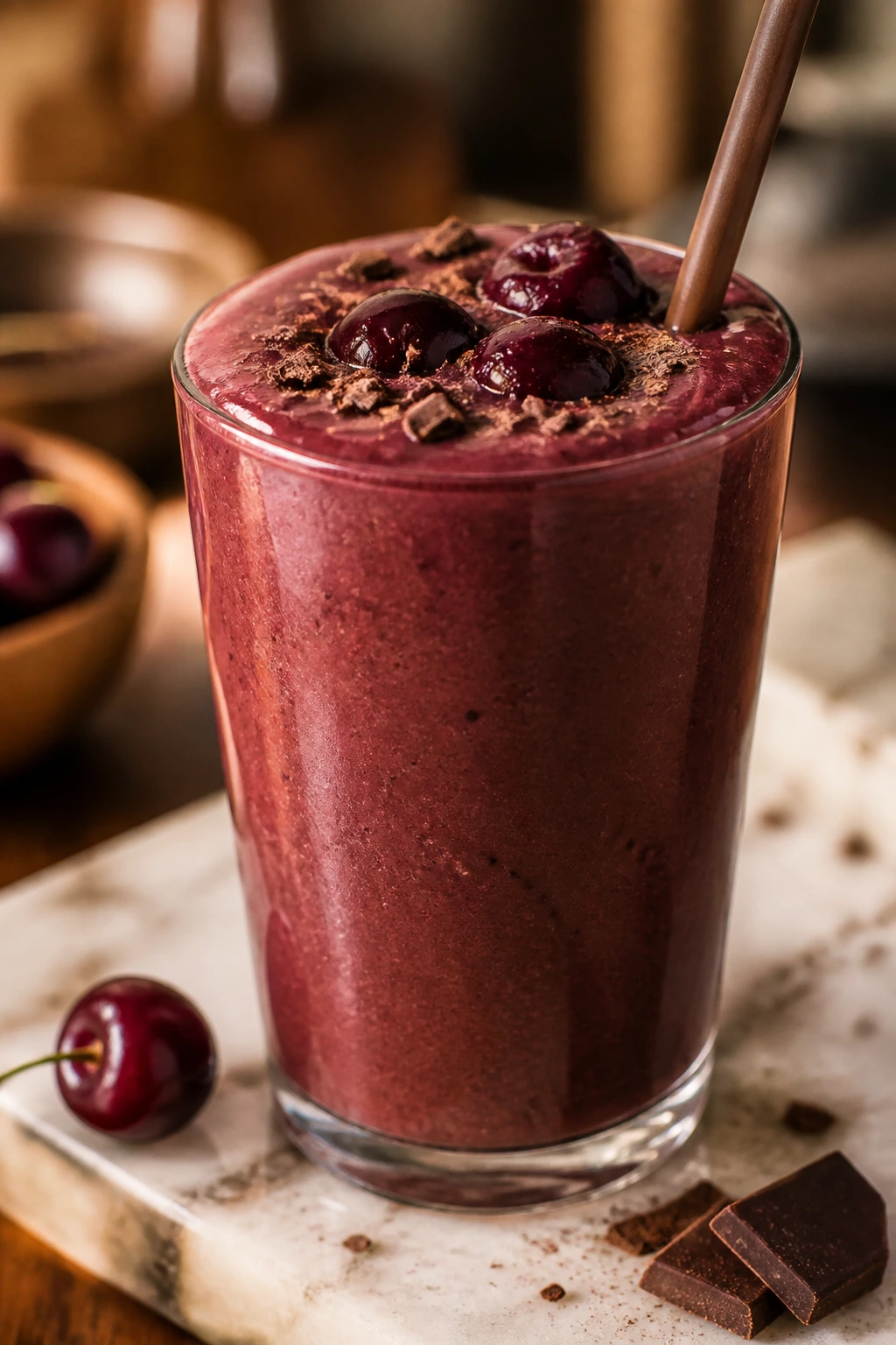 Close-up of a chocolate cherry smoothie in a glass with dark color