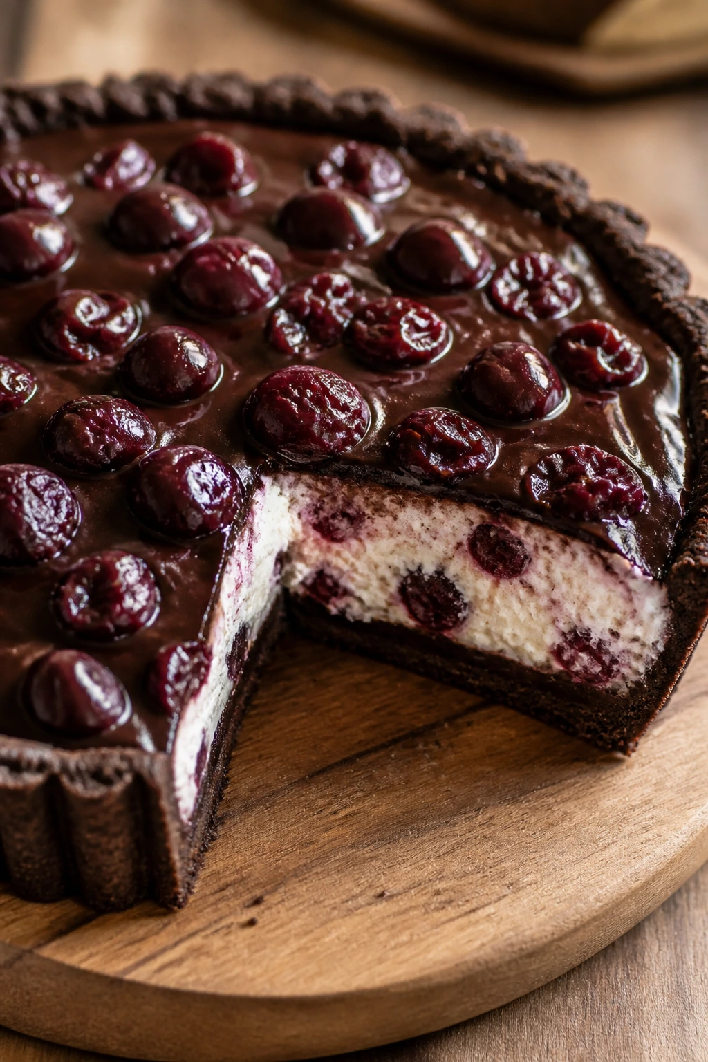 Slice of chocolate cherry tart revealing cottage cheese filling