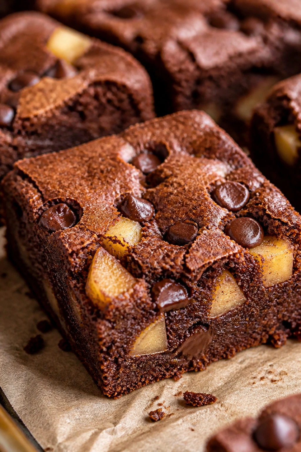 Close-up of chocolate chip apple brownie square with visible chips