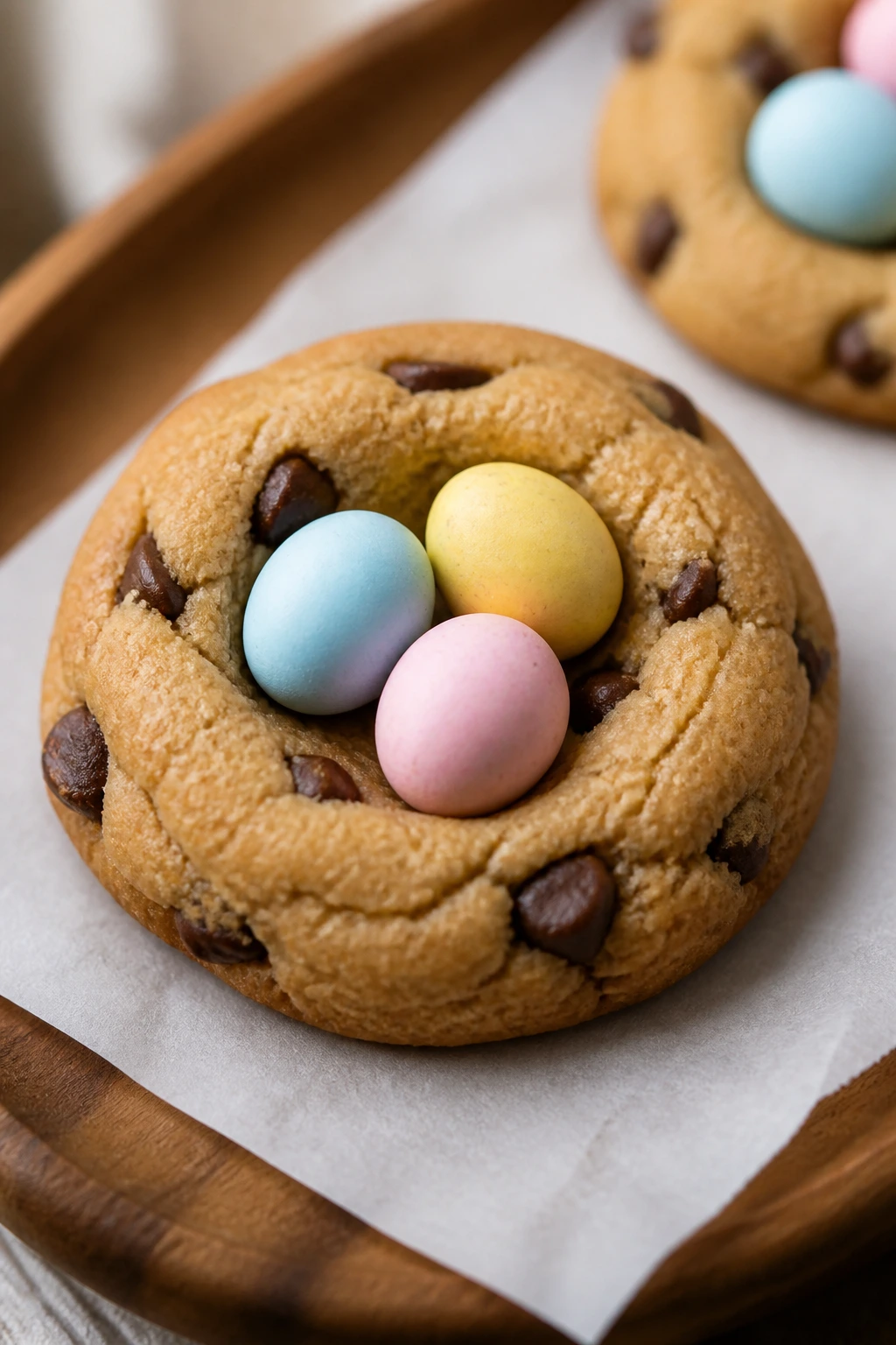 Close-up of a bird’s nest chocolate chip cookie with candy eggs on top on a parchment-lined surface.