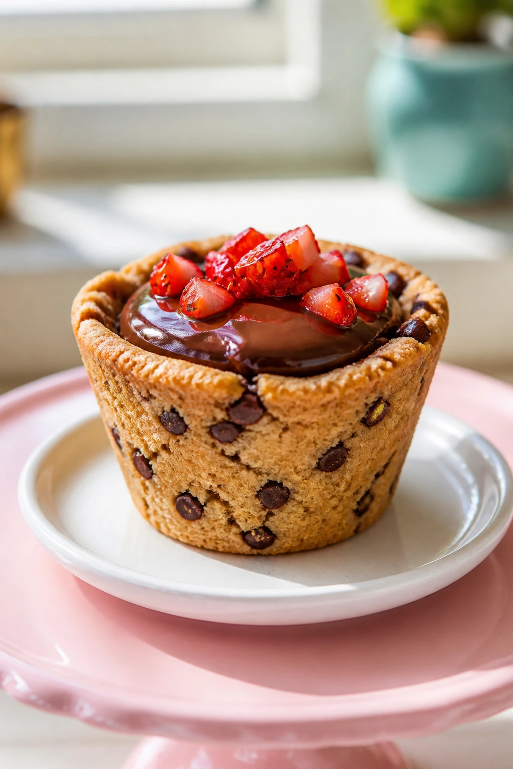 Chocolate chip cookie cup filled with dark ganache on a plate