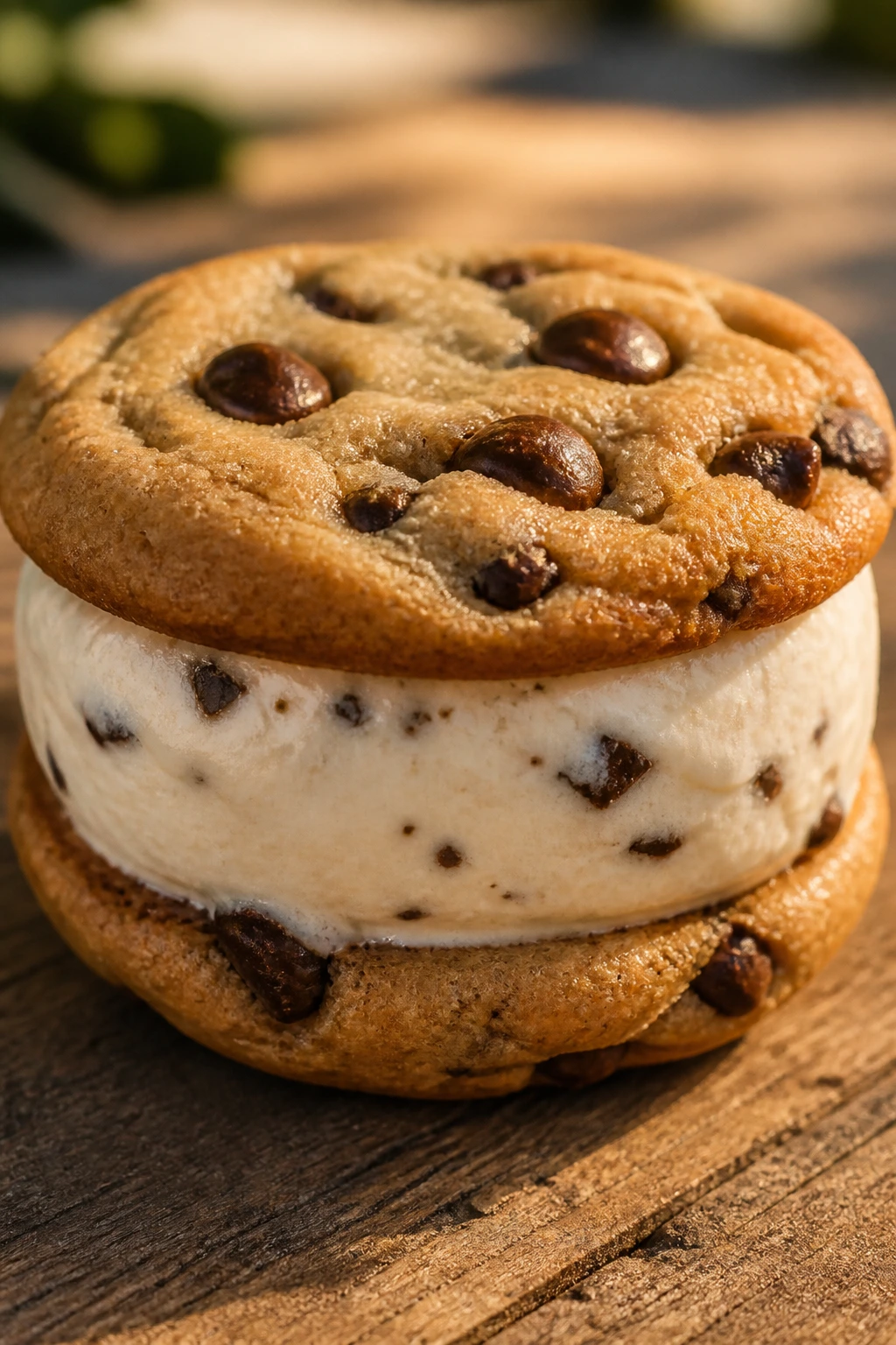 Close-up of a chocolate chip cookie ice cream sandwich on a warm outdoor surface