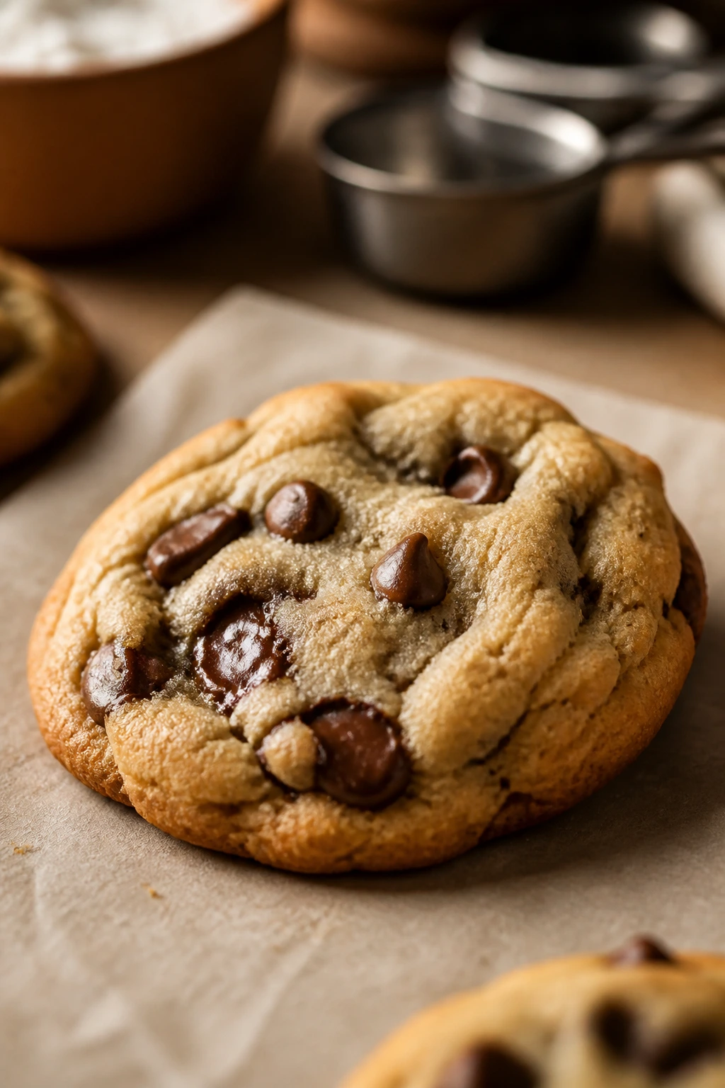 Close-up of a classic chocolate chip drop cookie on parchment