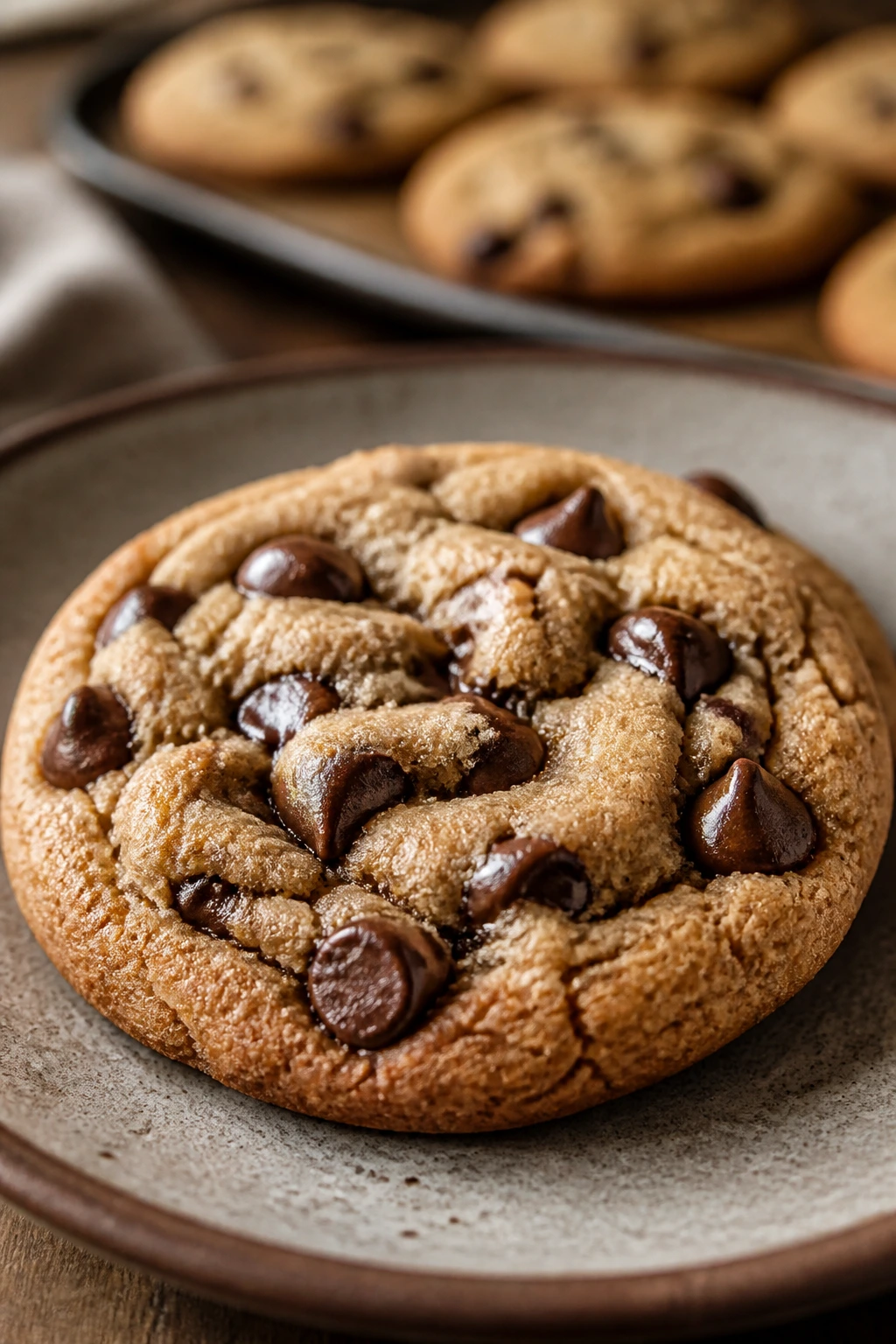 Close-up of chocolate chip cookie with melted chips on a rustic plate