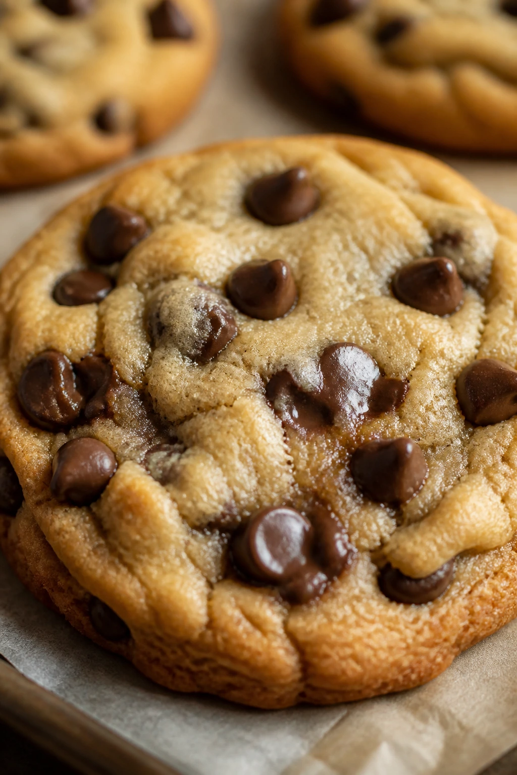 Close-up of a freshly baked chocolate chip cookie with melted chocolate.
