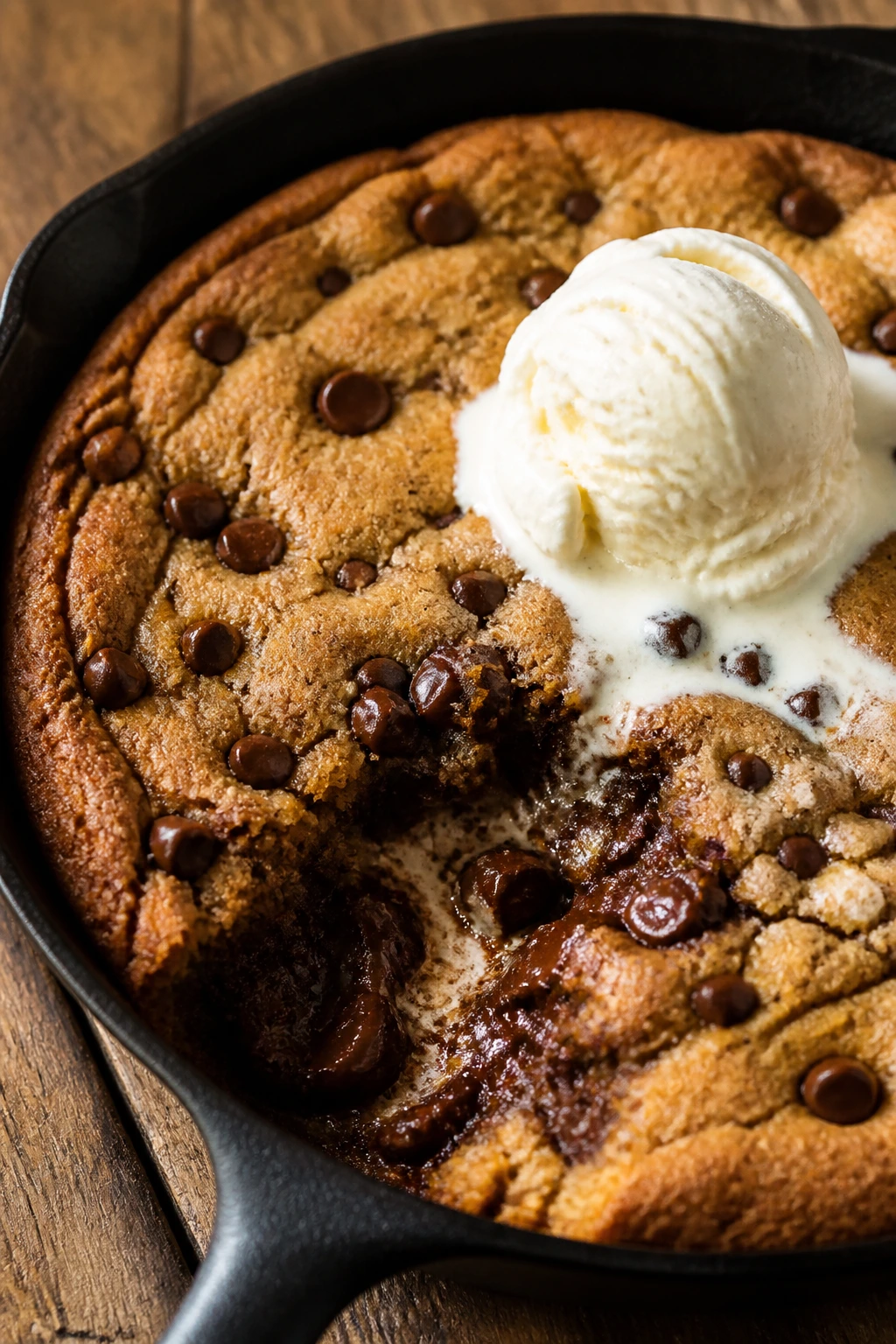 Close-up of a thick chocolate chip skillet cookie in a cast-iron skillet on a wooden table.