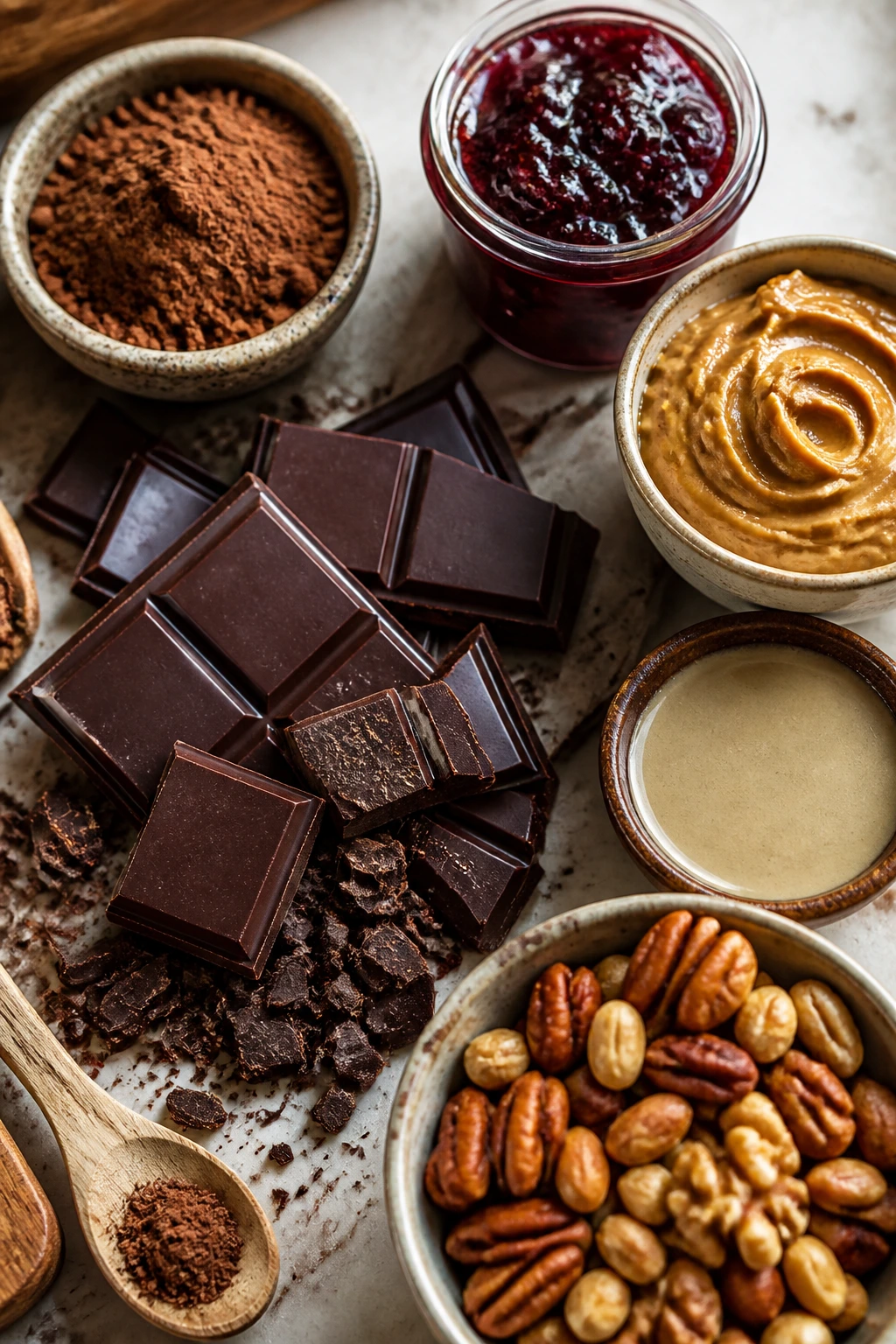 Curated ingredients for fudgy brownies: chocolate, cocoa, jams and nuts