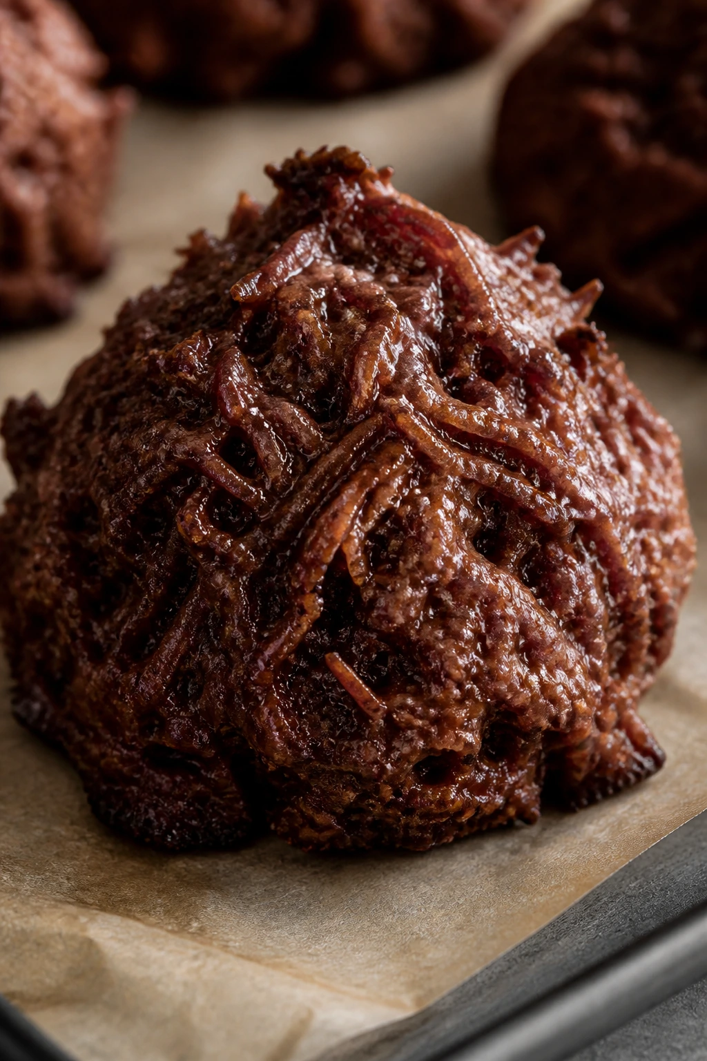 Close-up of a chocolate coconut macaroon on parchment