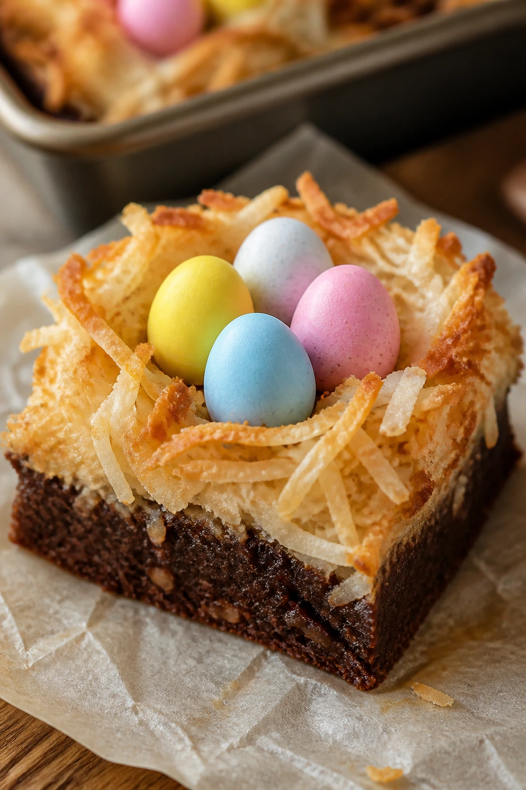 Close-up of Chocolate Coconut Nest Bar with coconut nest topping and candy eggs.