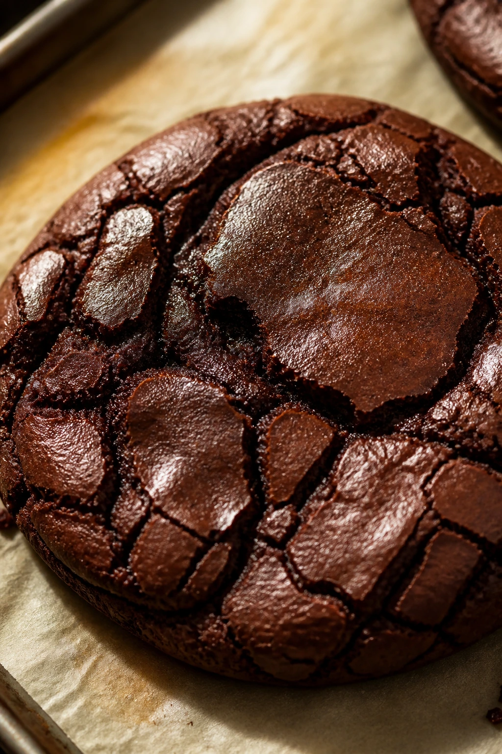 Close-up of a dark chocolate sour cream cookie with cracked top on parchment