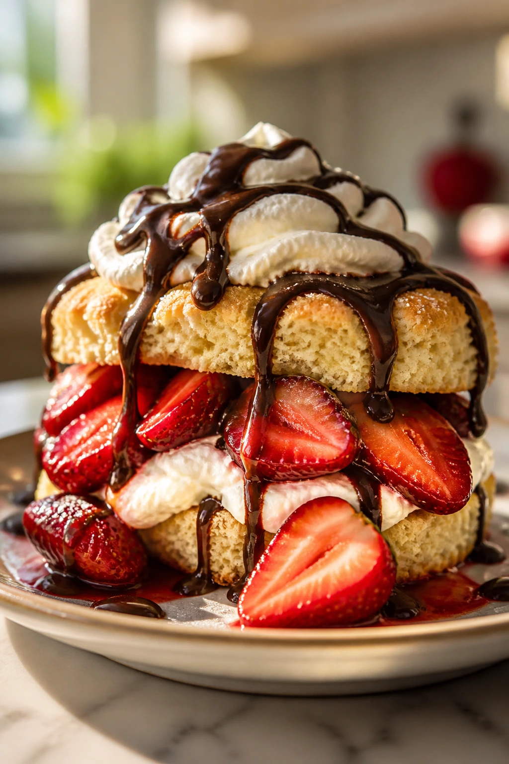 Plated chocolate-covered strawberry shortcake with biscuit layers and drizzle