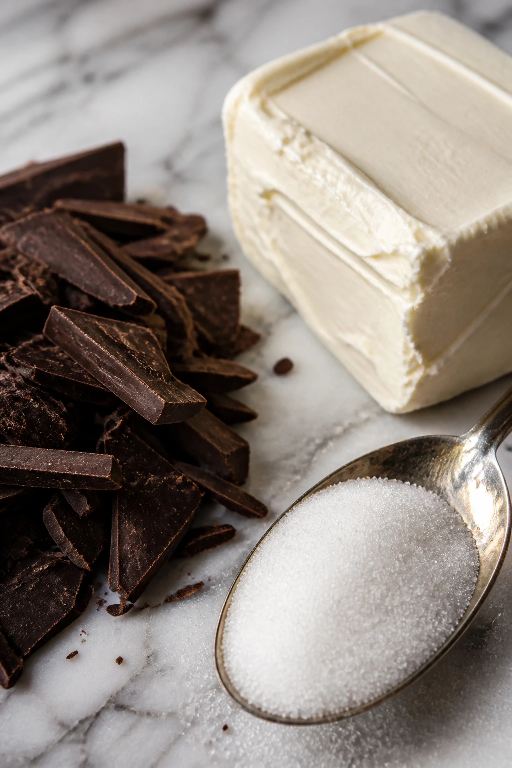 Close-up of chocolate, cream cheese, and sugar highlighting key cake ingredients