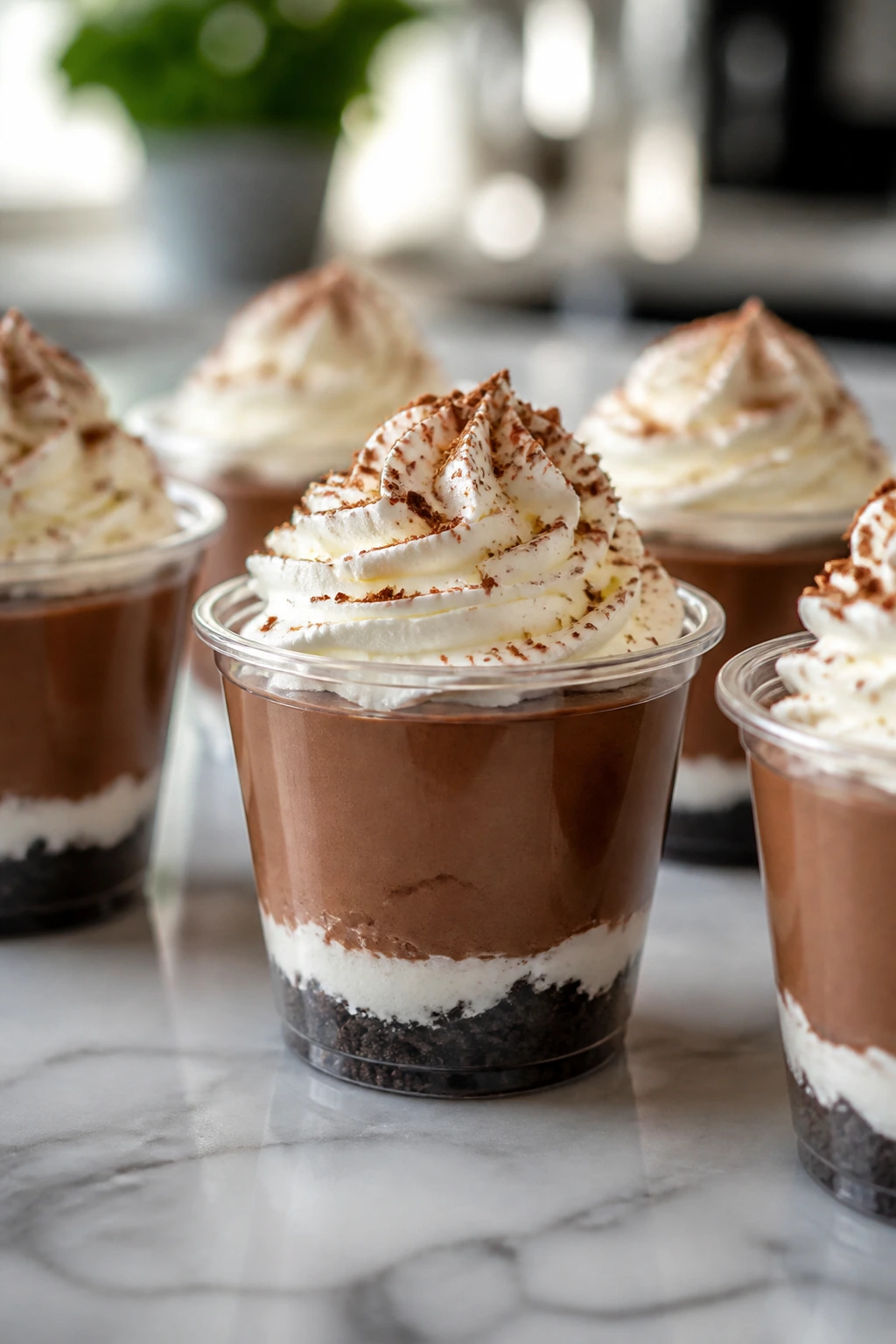 Close-up of chocolate cream pie cups topped with whipped cream