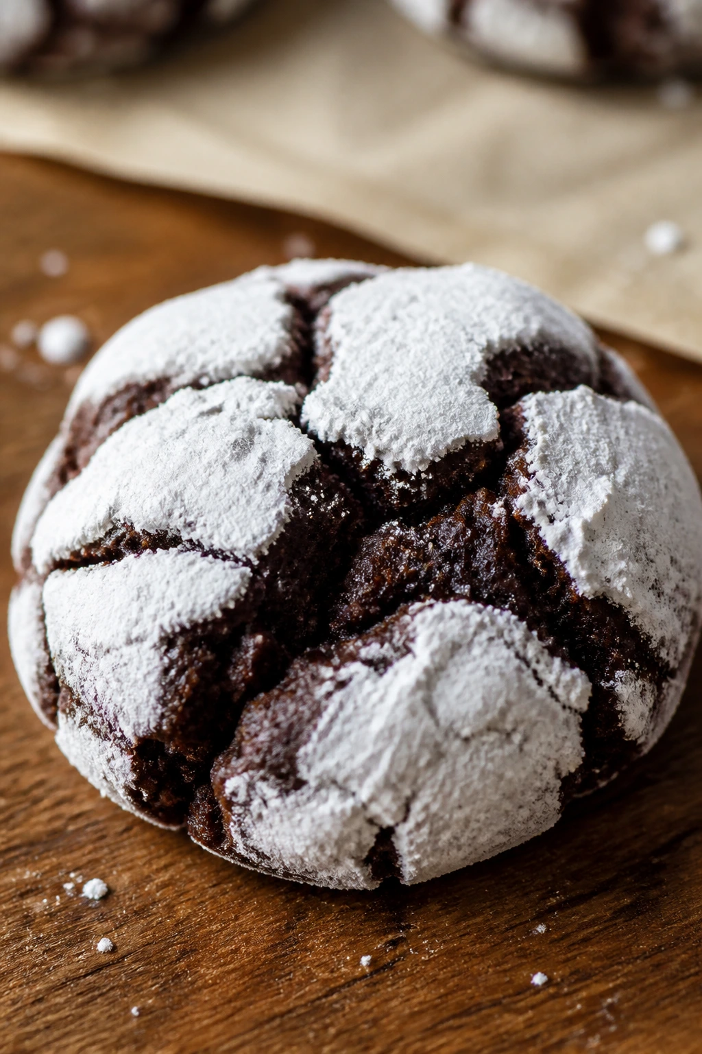 Close-up of a chocolate crinkle cookie with powdered sugar crackles on a warm kitchen counter