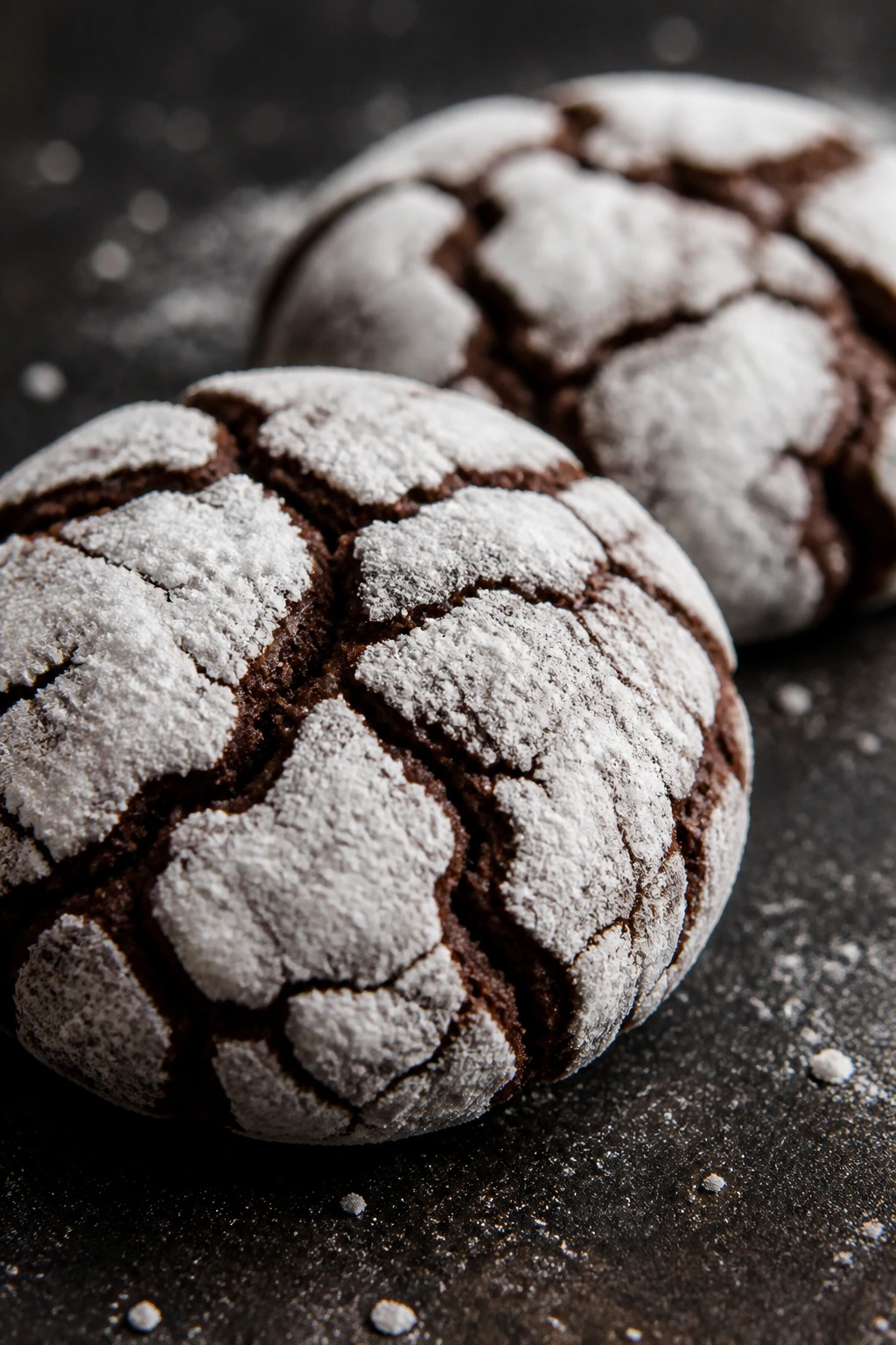 Chocolate crinkle cookies with powdered sugar cracks on dark surface