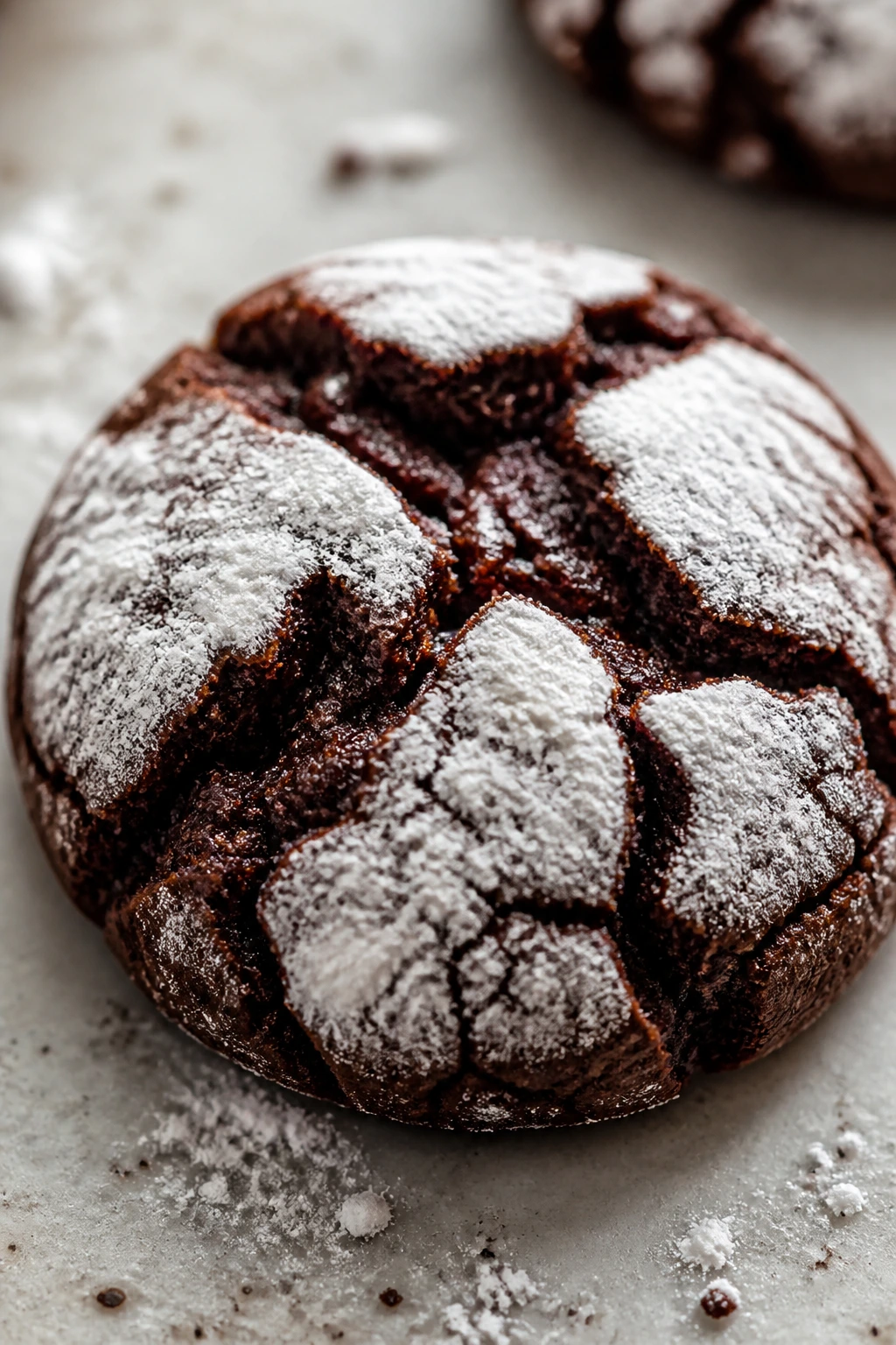 Close-up of a chocolate crinkle cookie with powdered sugar.
