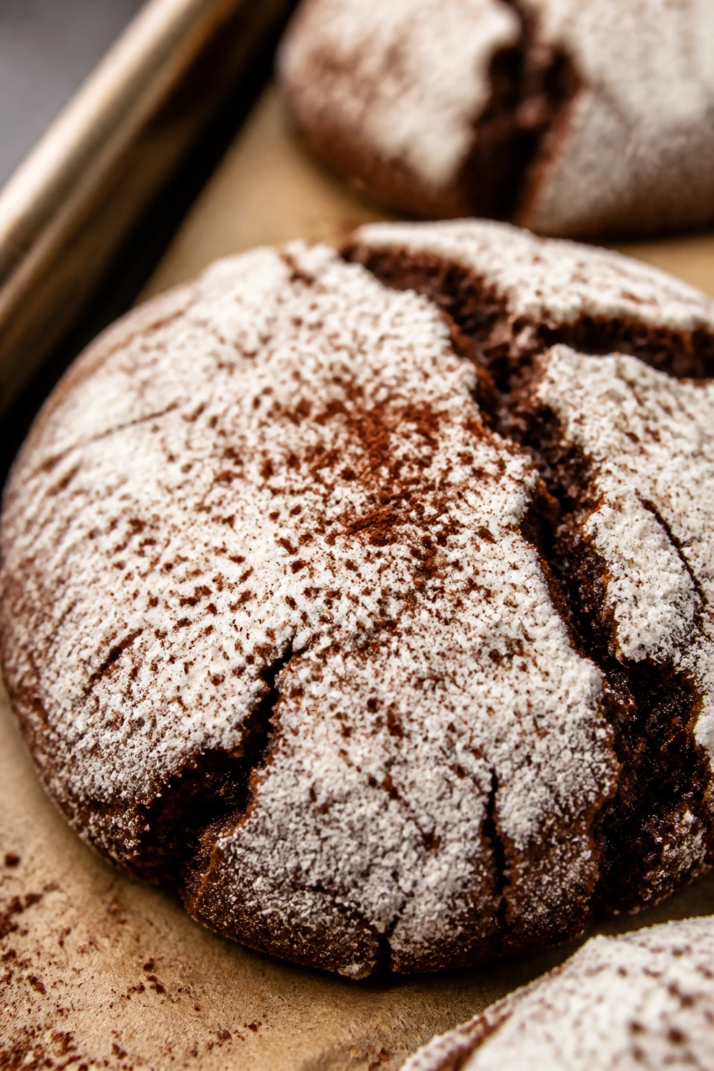 Close-up of chocolate crinkle cookie with powdered sugar cracks and cocoa speckles