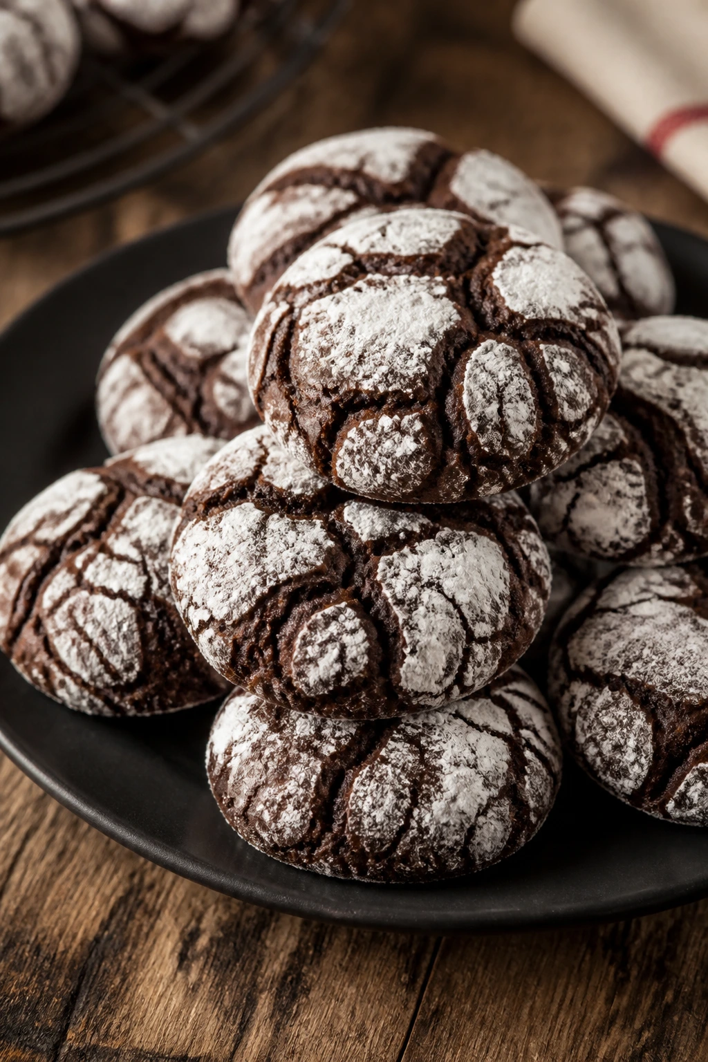 Crinkle chocolate cookies with crackled sugar tops on plate