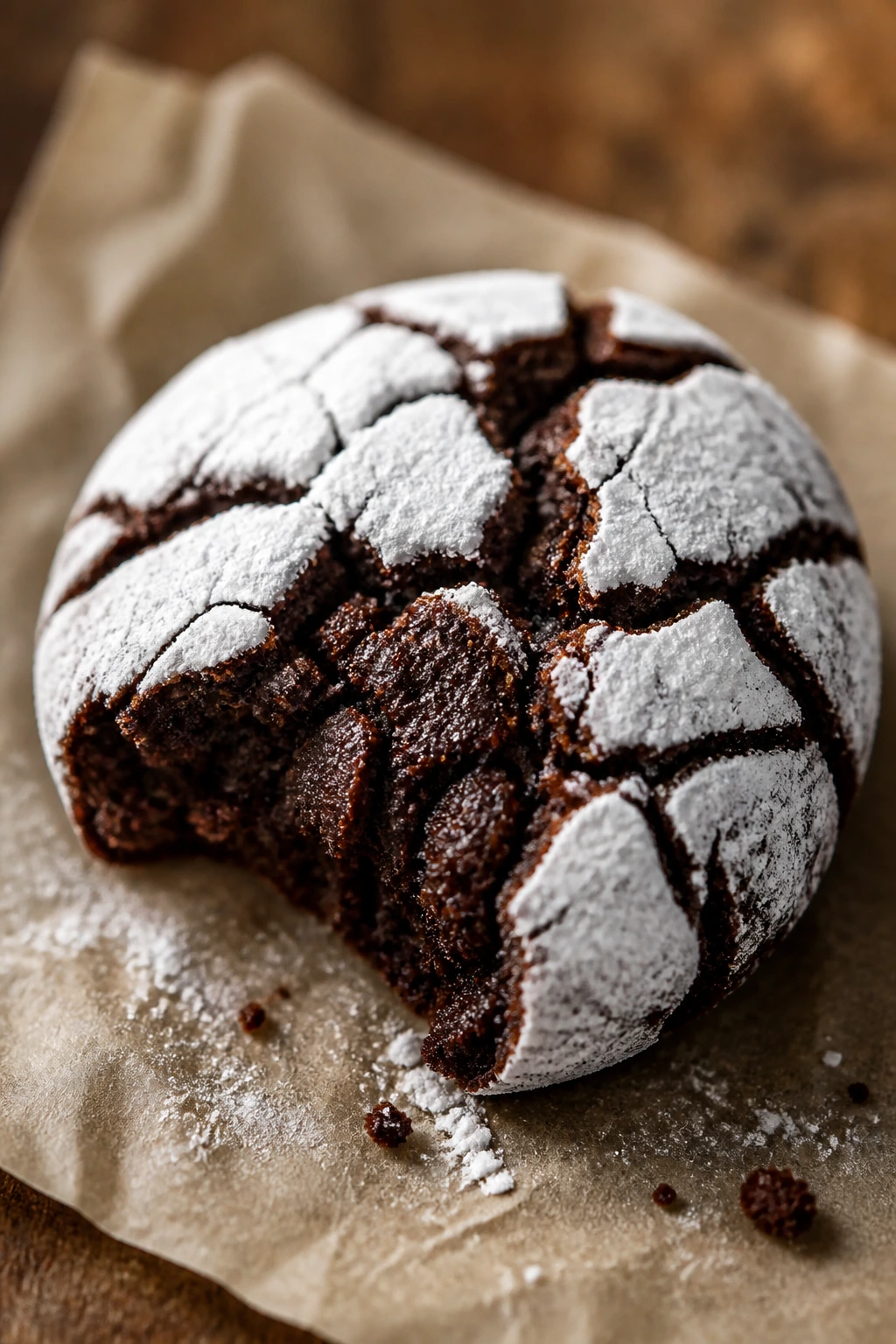 Dark chocolate crinkle cookie with powdered sugar cracks