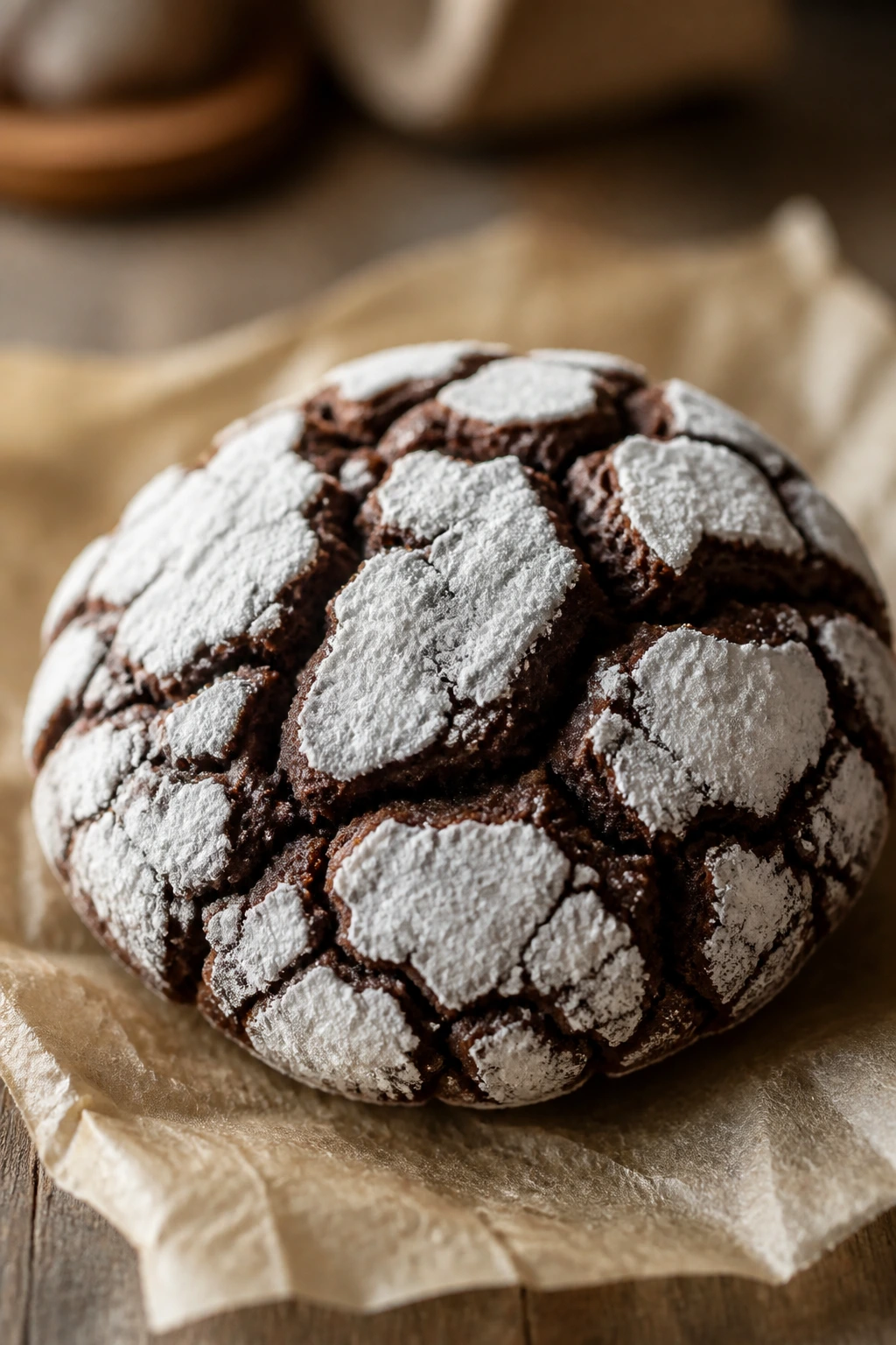 Close-up of a chocolate crinkle cookie with crackled sugar on parchment