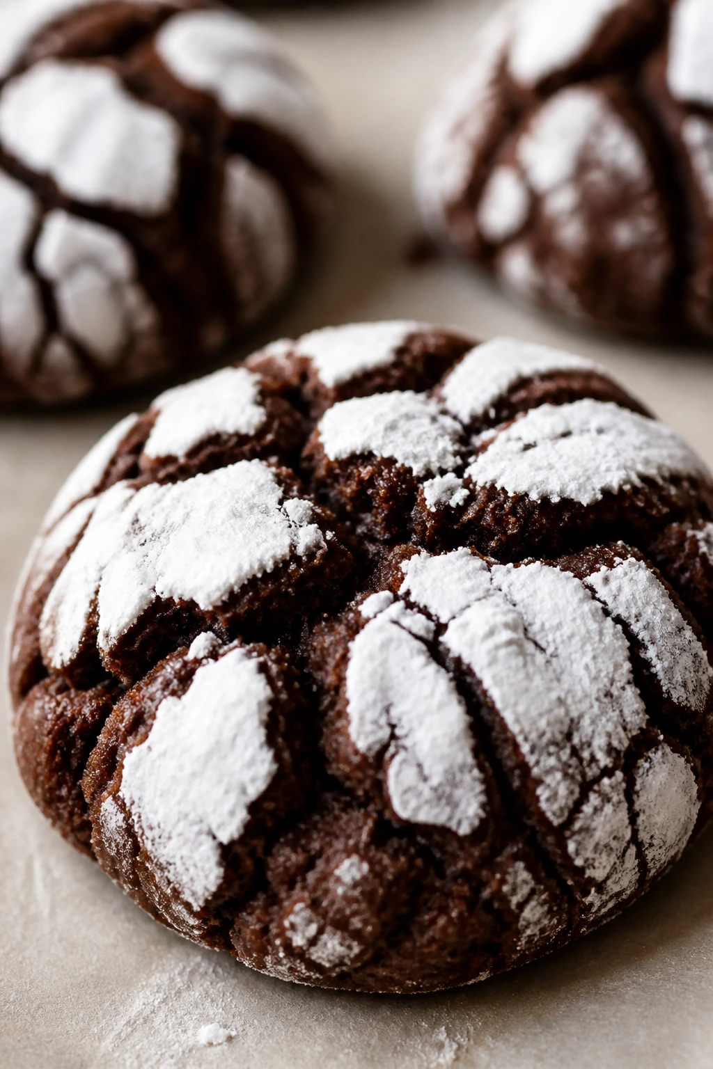 Close-up of chocolate crinkle cookie with powdered sugar cracks