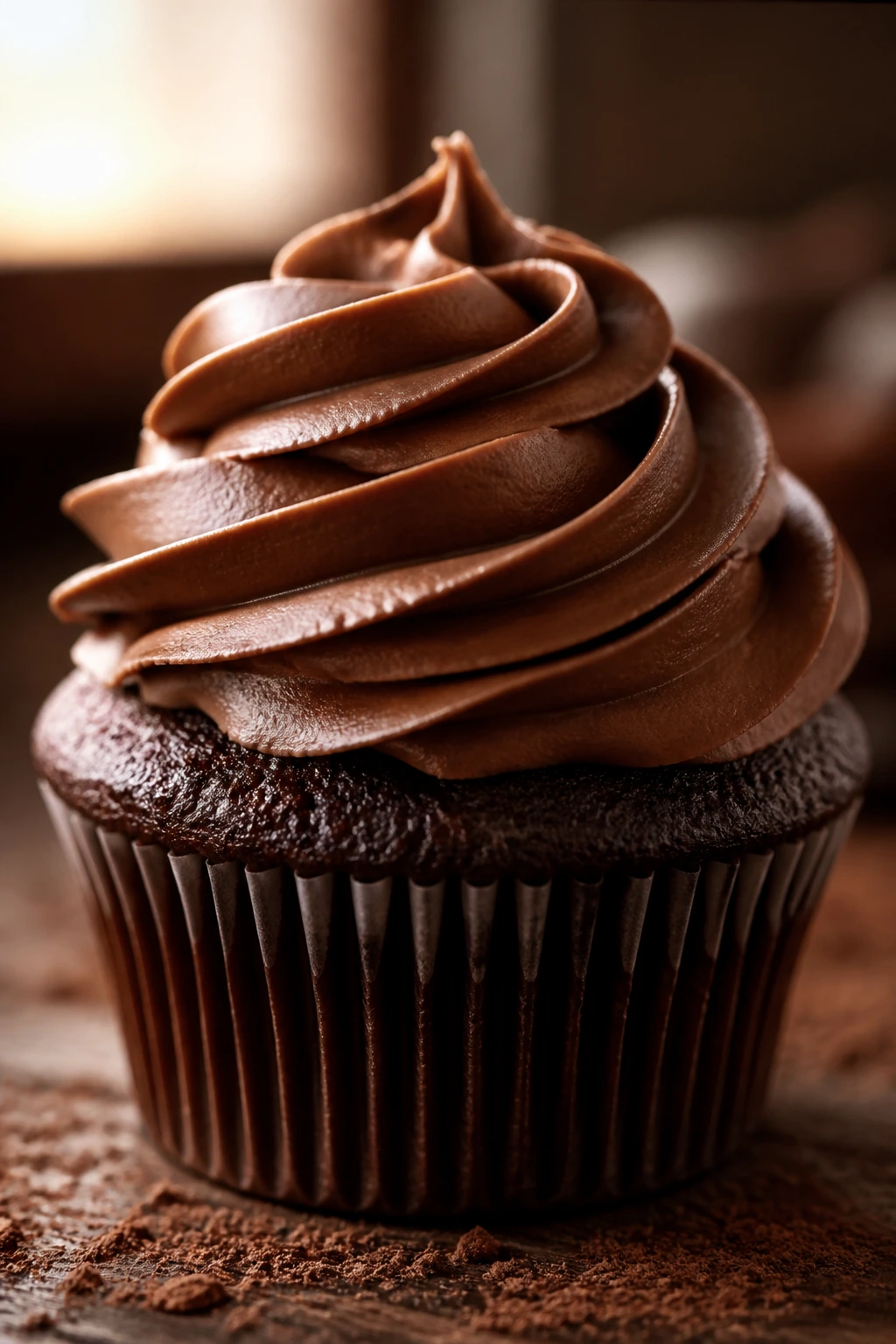 Close-up of a chocolate cupcake with cocoa frosting