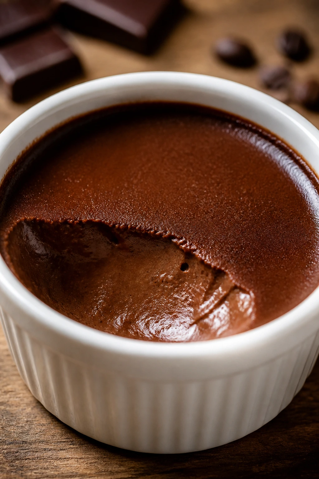 Close-up of a glossy chocolate custard in a ramekin on a wooden counter