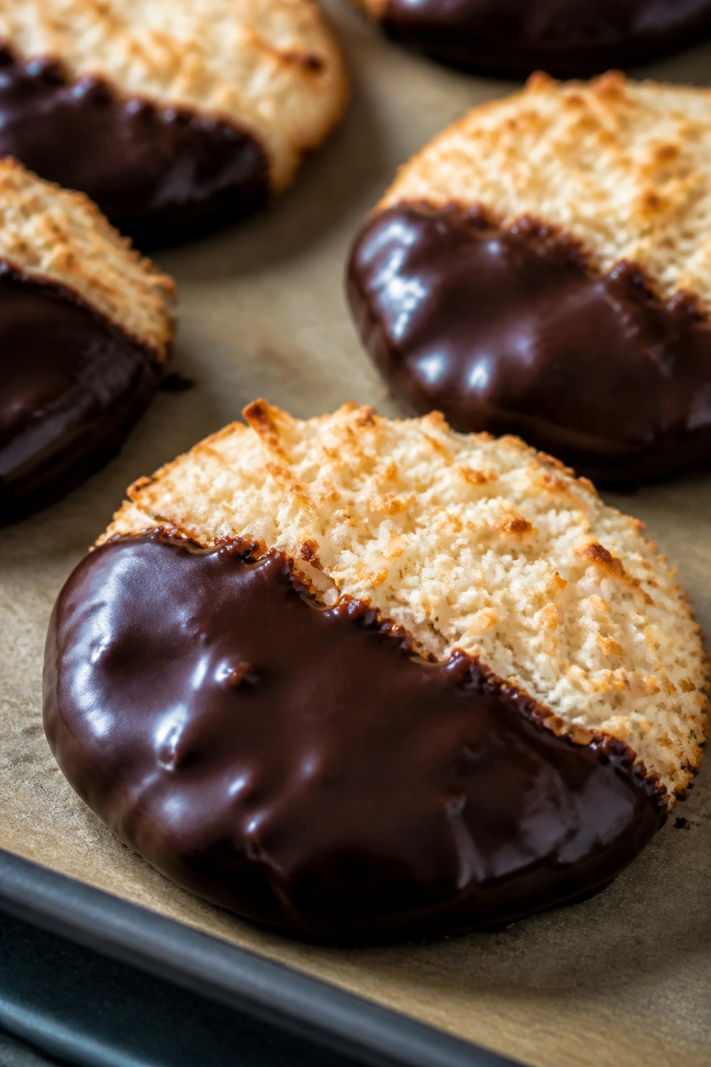 Half-dipped chocolate coconut cookies on parchment