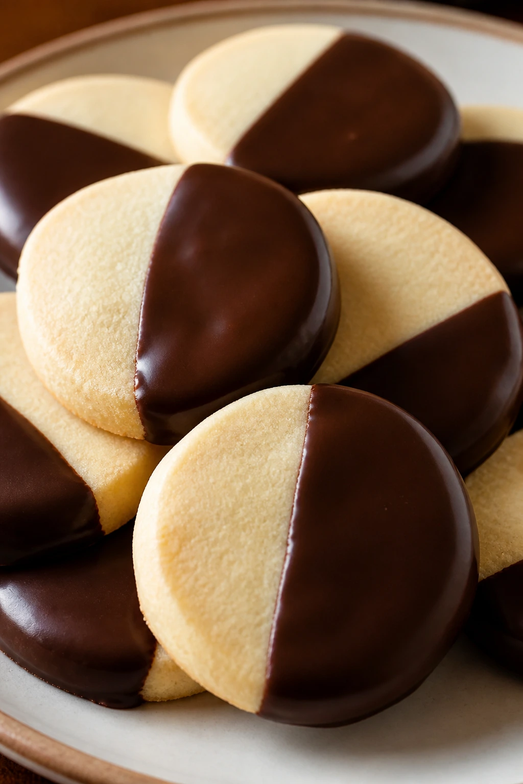 Close-up of chocolate-dipped short rounds on plate.