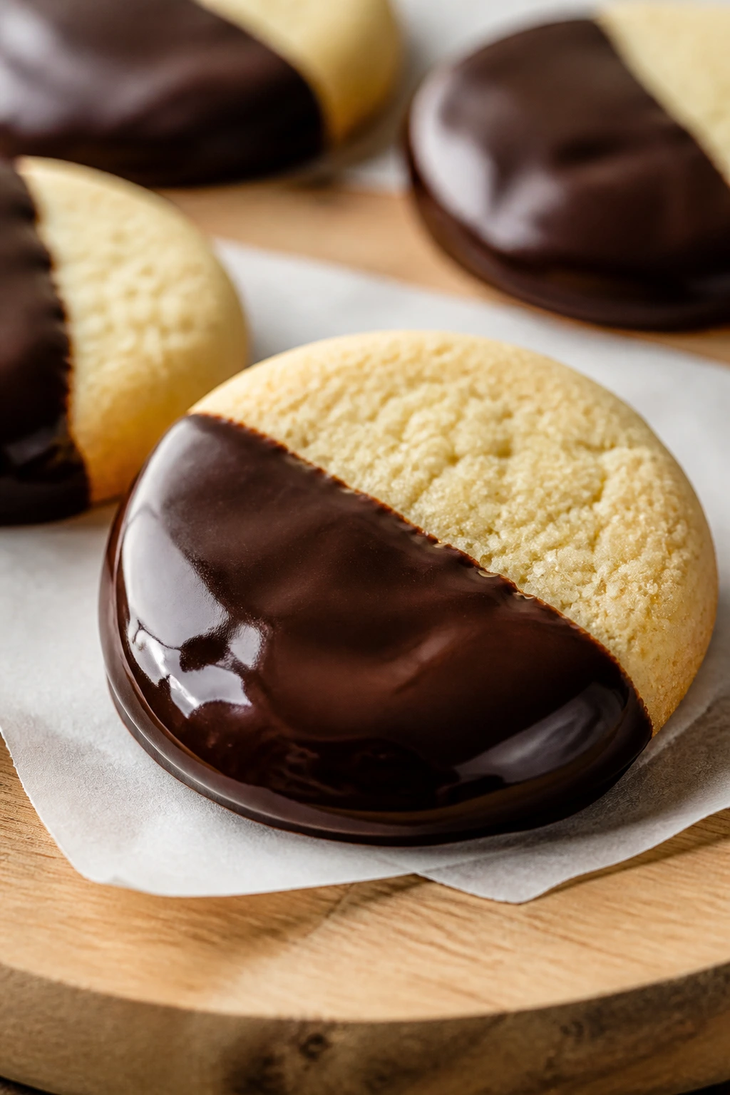 Close-up of a vanilla cookie half-dipped in dark chocolate