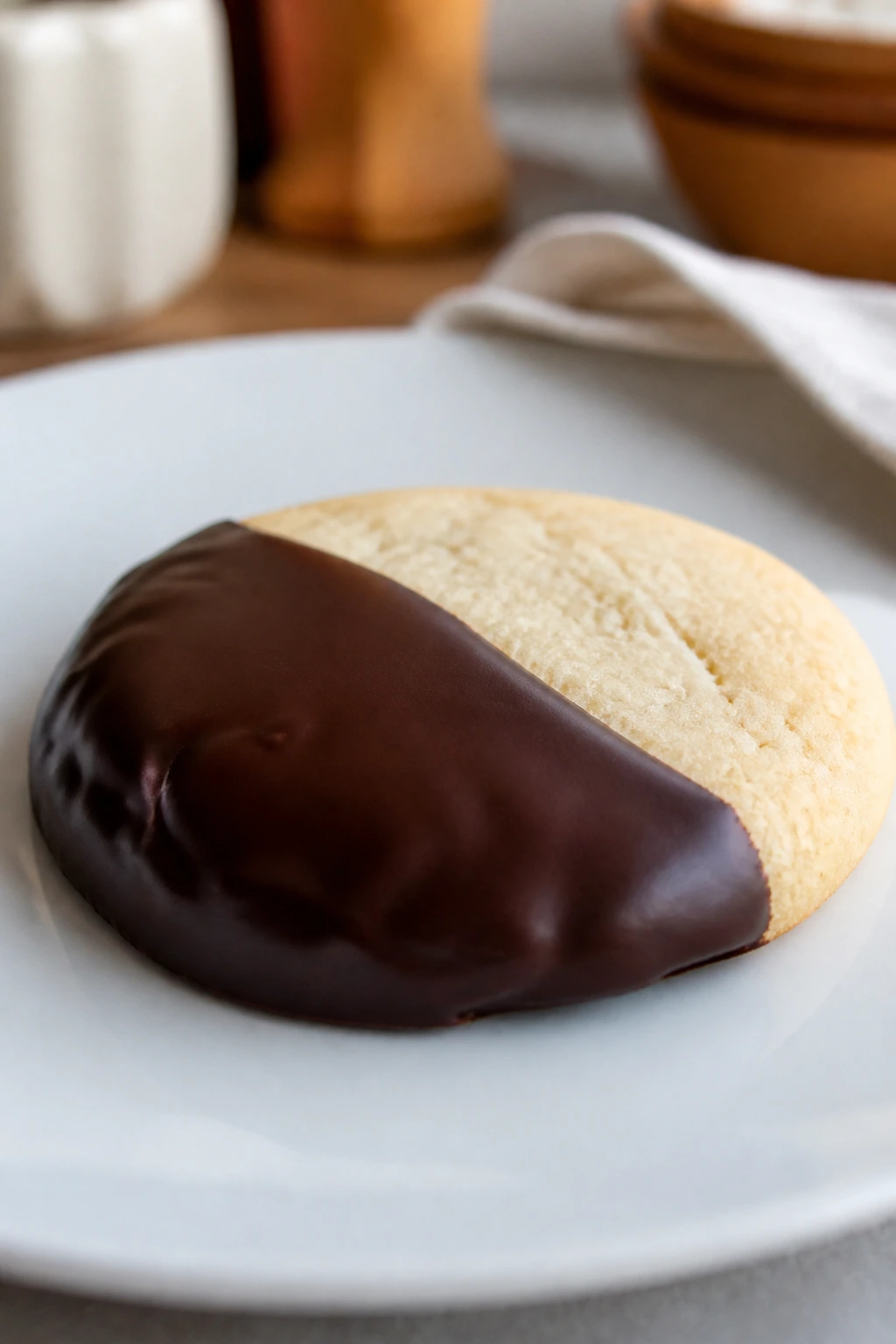 Vanilla sugar cookie half-dipped in glossy chocolate on plate.
